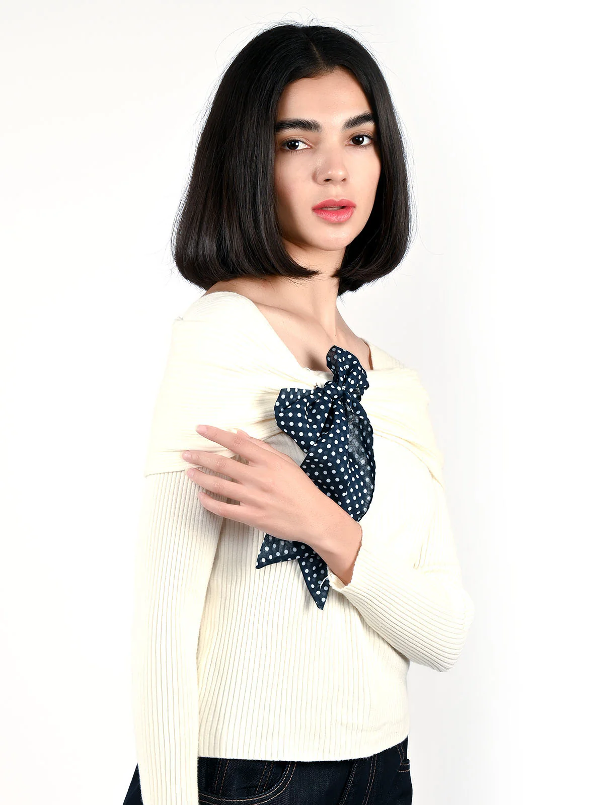 Odette Off White Cotton Rib Solid Top For Women - Image 3