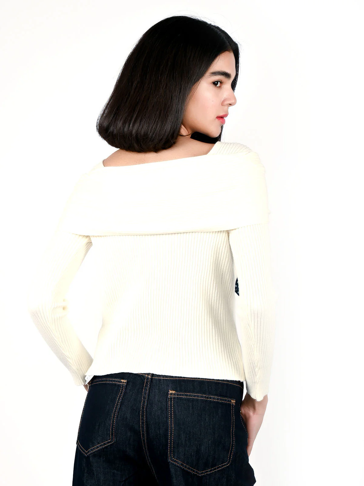 Odette Off White Cotton Rib Solid Top For Women - Image 4