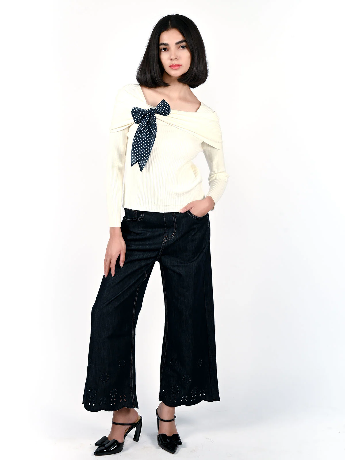 Odette Off White Cotton Rib Solid Top For Women - Image 5