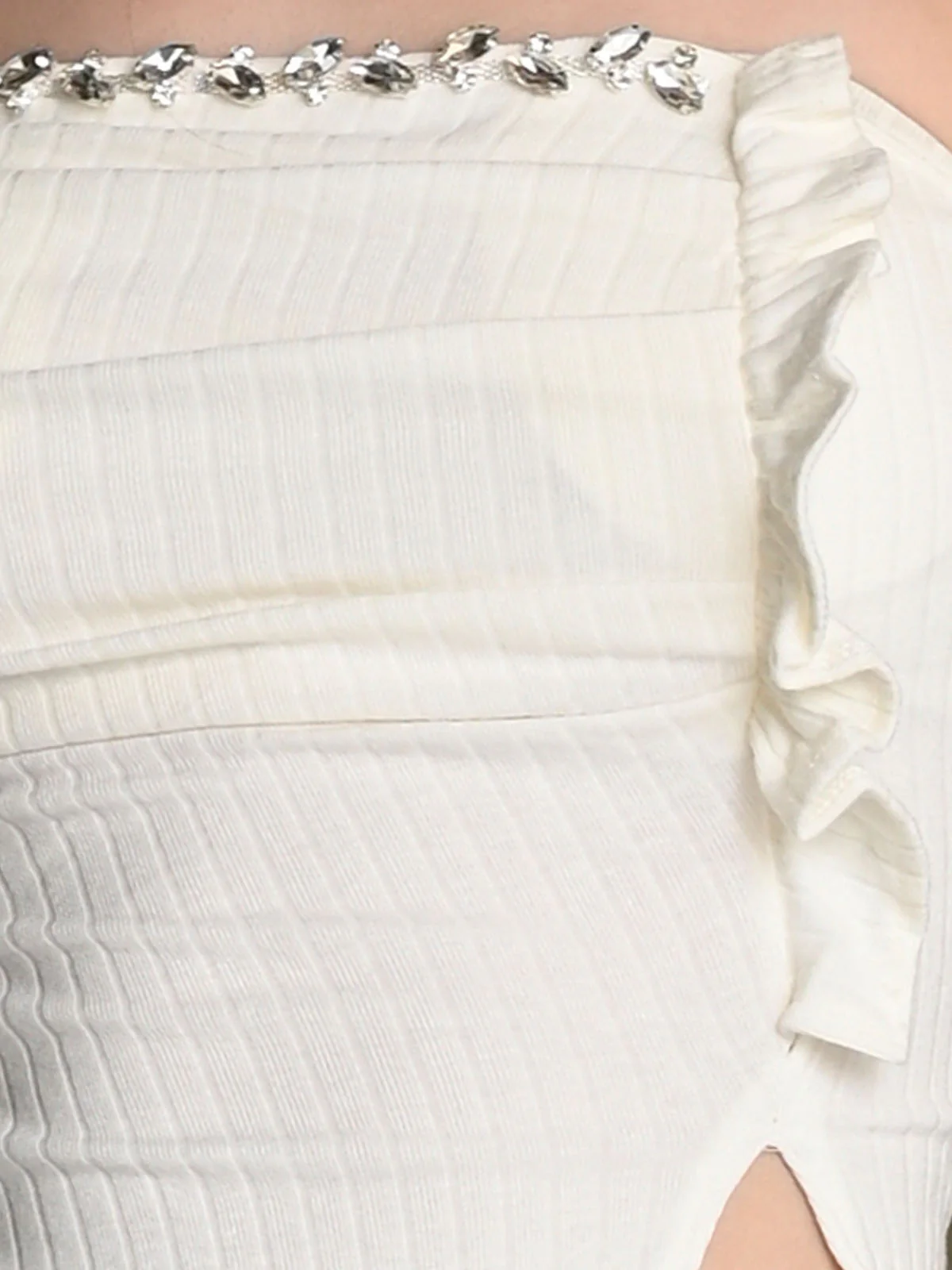 Odette Off White Cotton Rib Solid Top For Women - Image 4