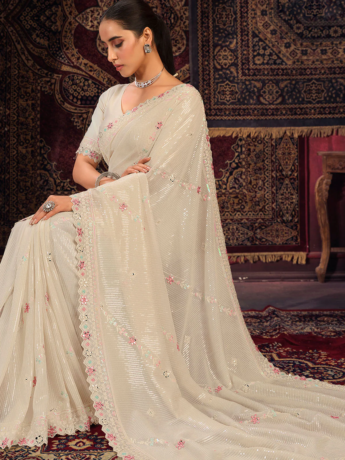 Odette Off white Embellished Georgette Saree With unstitched Blouse For Women - Image 3