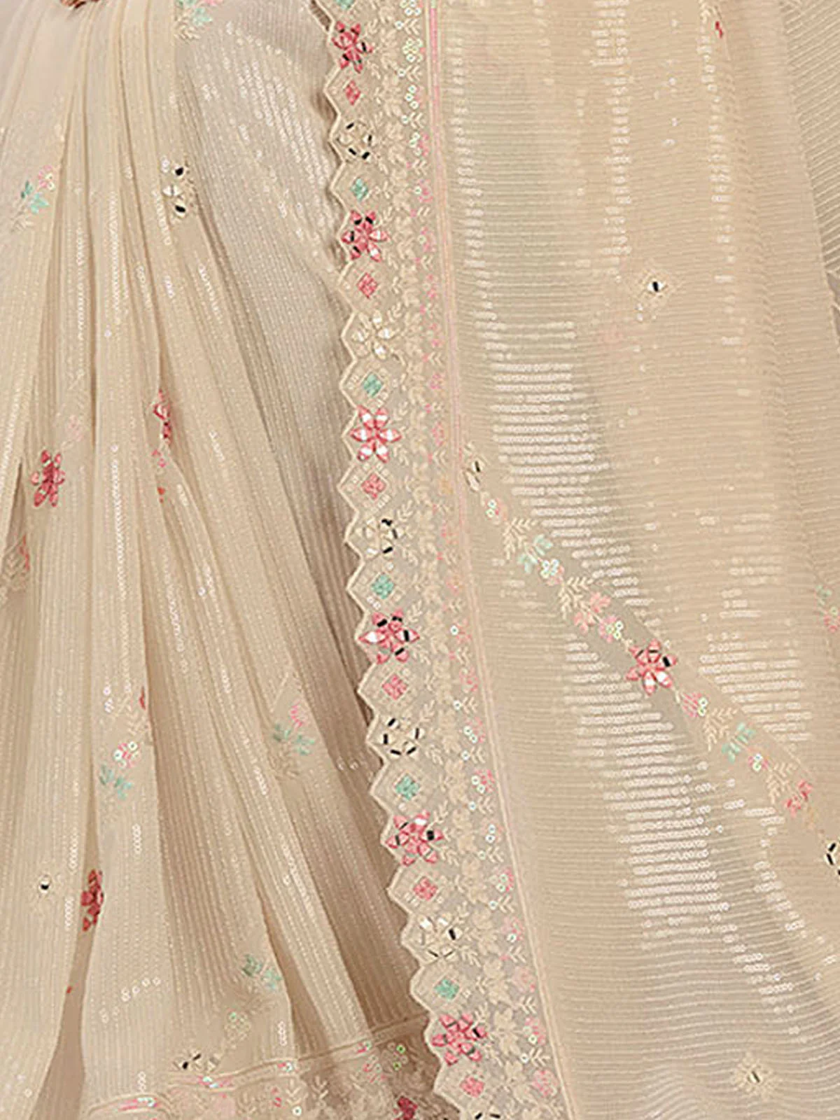 Odette Off white Embellished Georgette Saree With unstitched Blouse For Women - Image 5