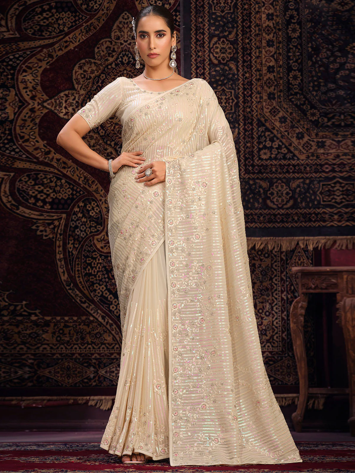 Odette Off white Embellished Georgette Saree With unstitched Blouse For Women - Image 2