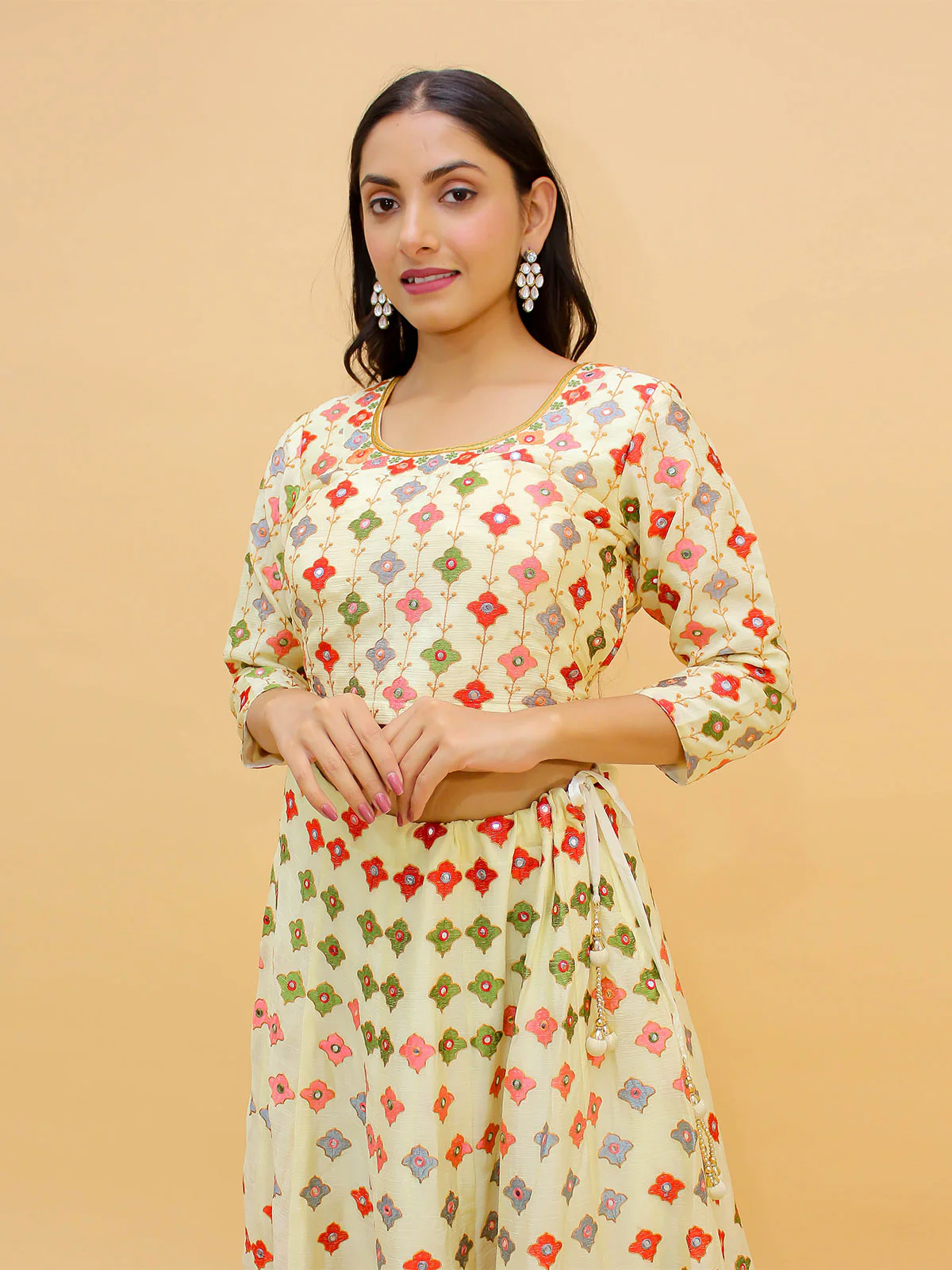 Odette Off White Embroidered Chinon Stitched Lehenga With Blouse For Women - Image 4