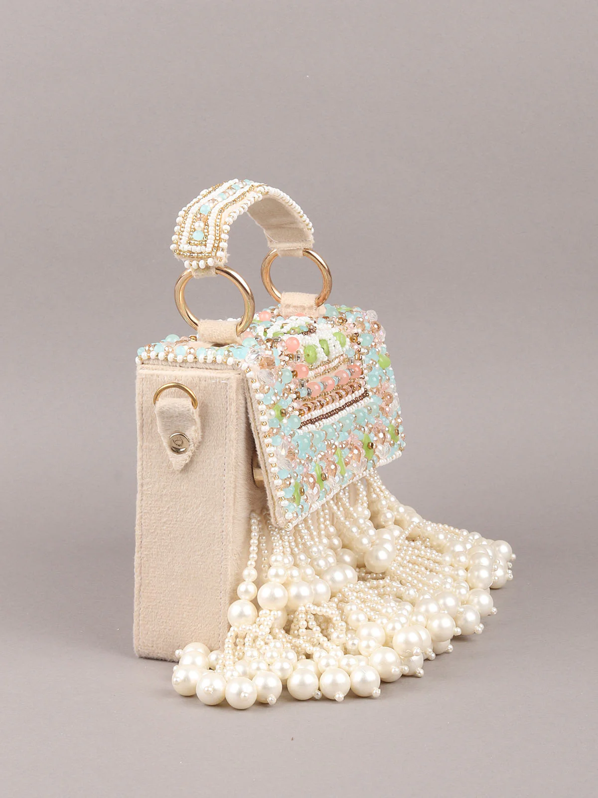 Odette Off White Embroidered Clutch With Tassels For Women - Image 4