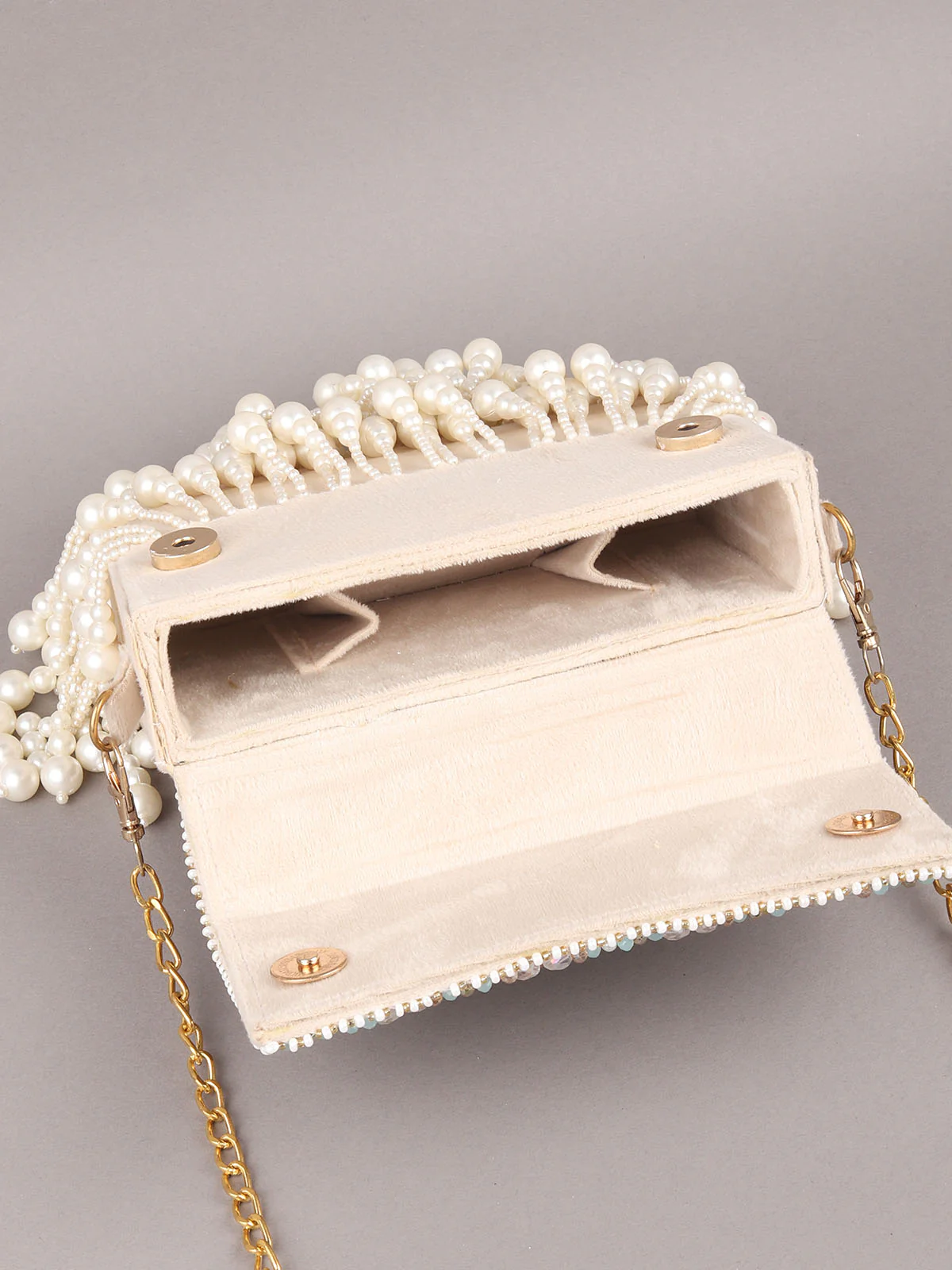 Odette Off White Embroidered Clutch With Tassels For Women - Image 6