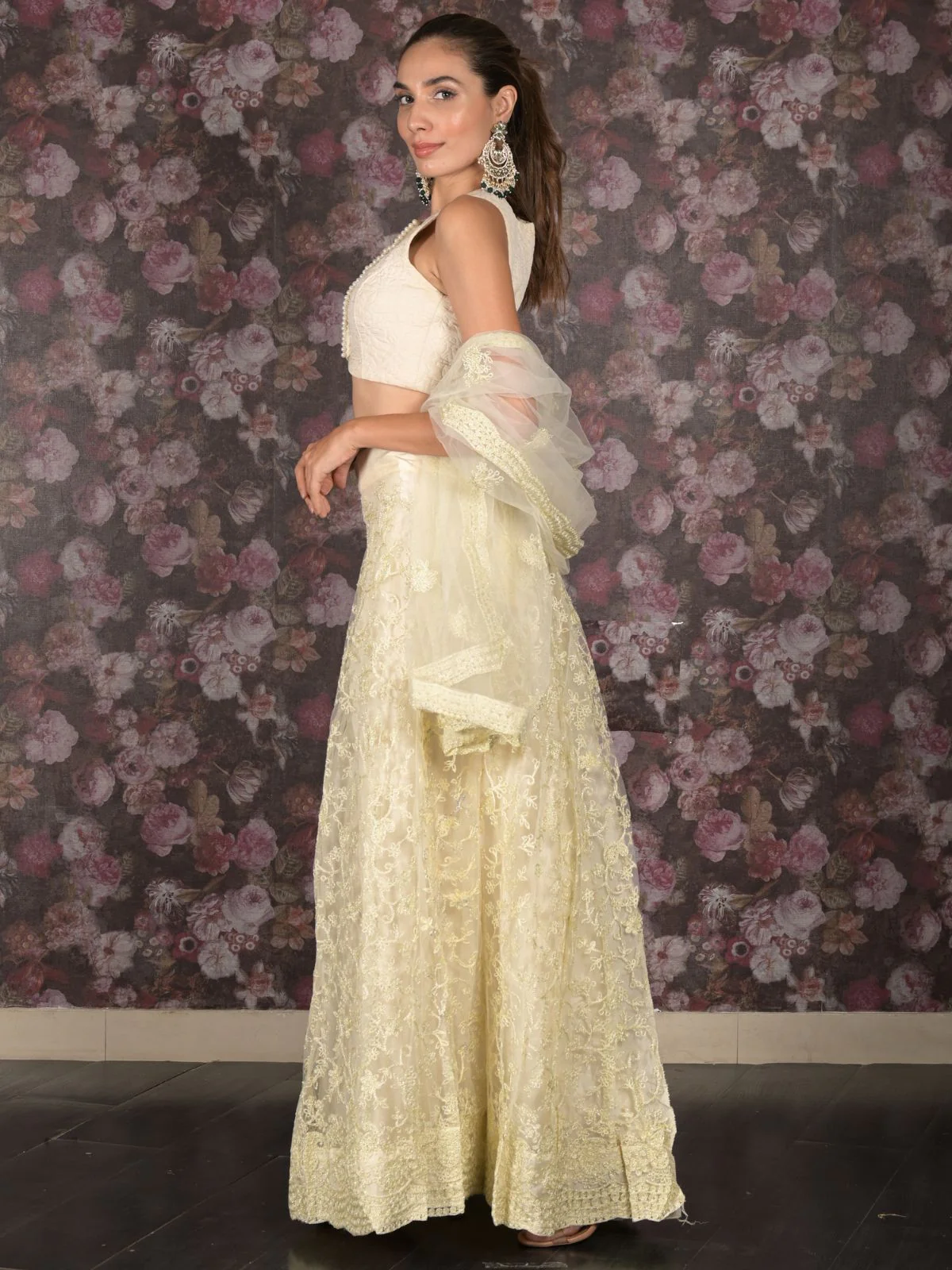 Odette Off White Embroidered Net Semi-Stitched Lehenga with Unstitched Blouse for Women - Image 3