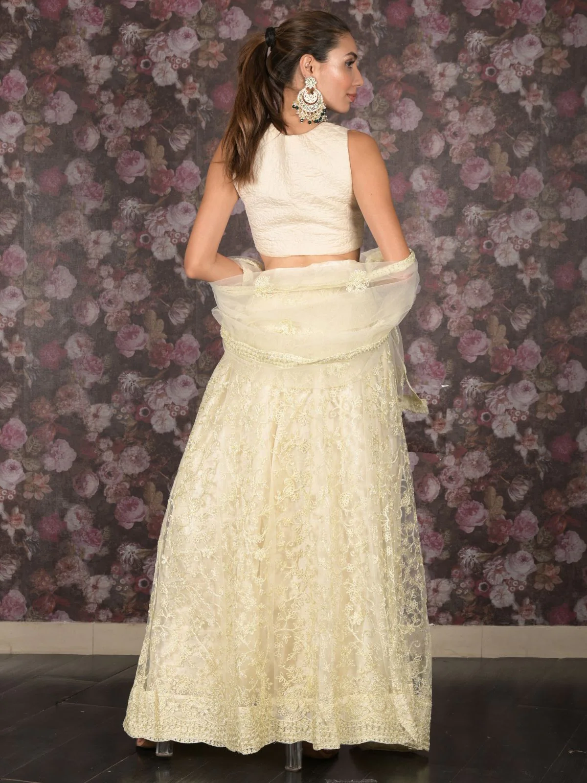 Odette Off White Embroidered Net Semi-Stitched Lehenga with Unstitched Blouse for Women - Image 4