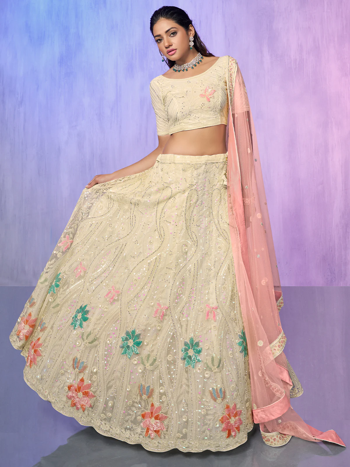 Odette Off White Embroidered Net Semi Stitched Lehenga With Unstitched Blouse  For Women - Image 2