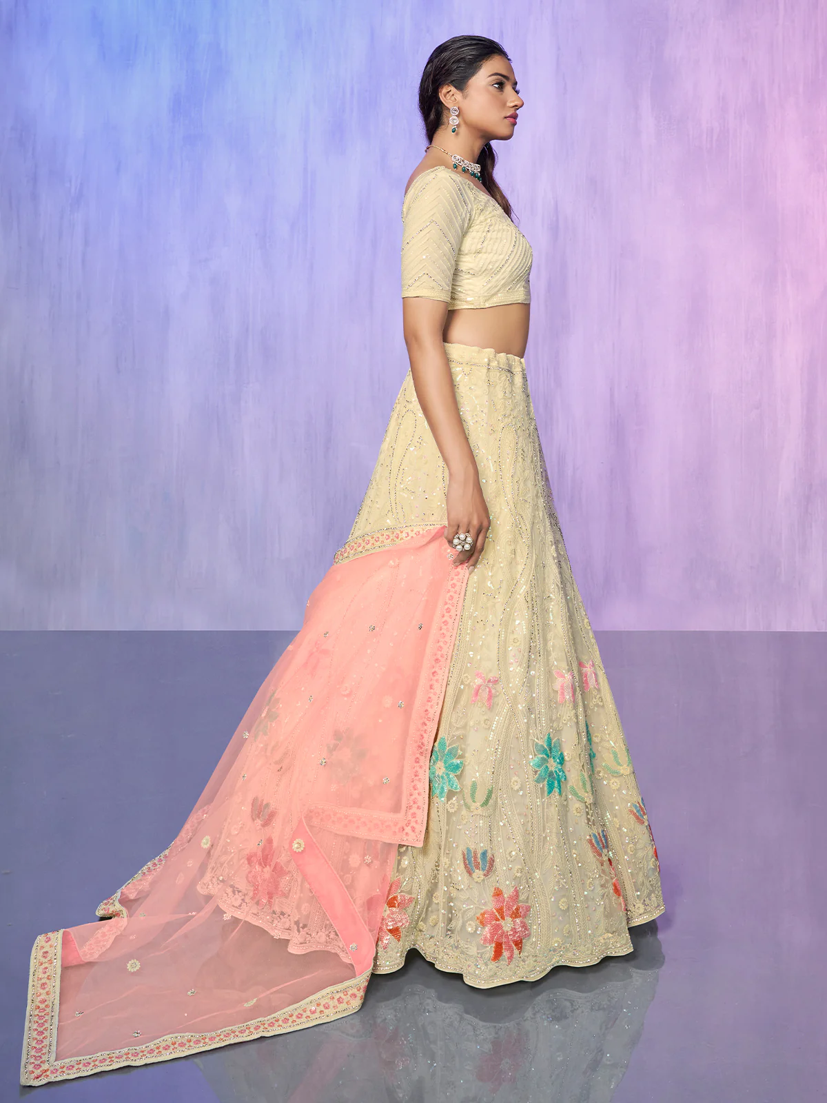 Odette Off White Embroidered Net Semi Stitched Lehenga With Unstitched Blouse  For Women - Image 3