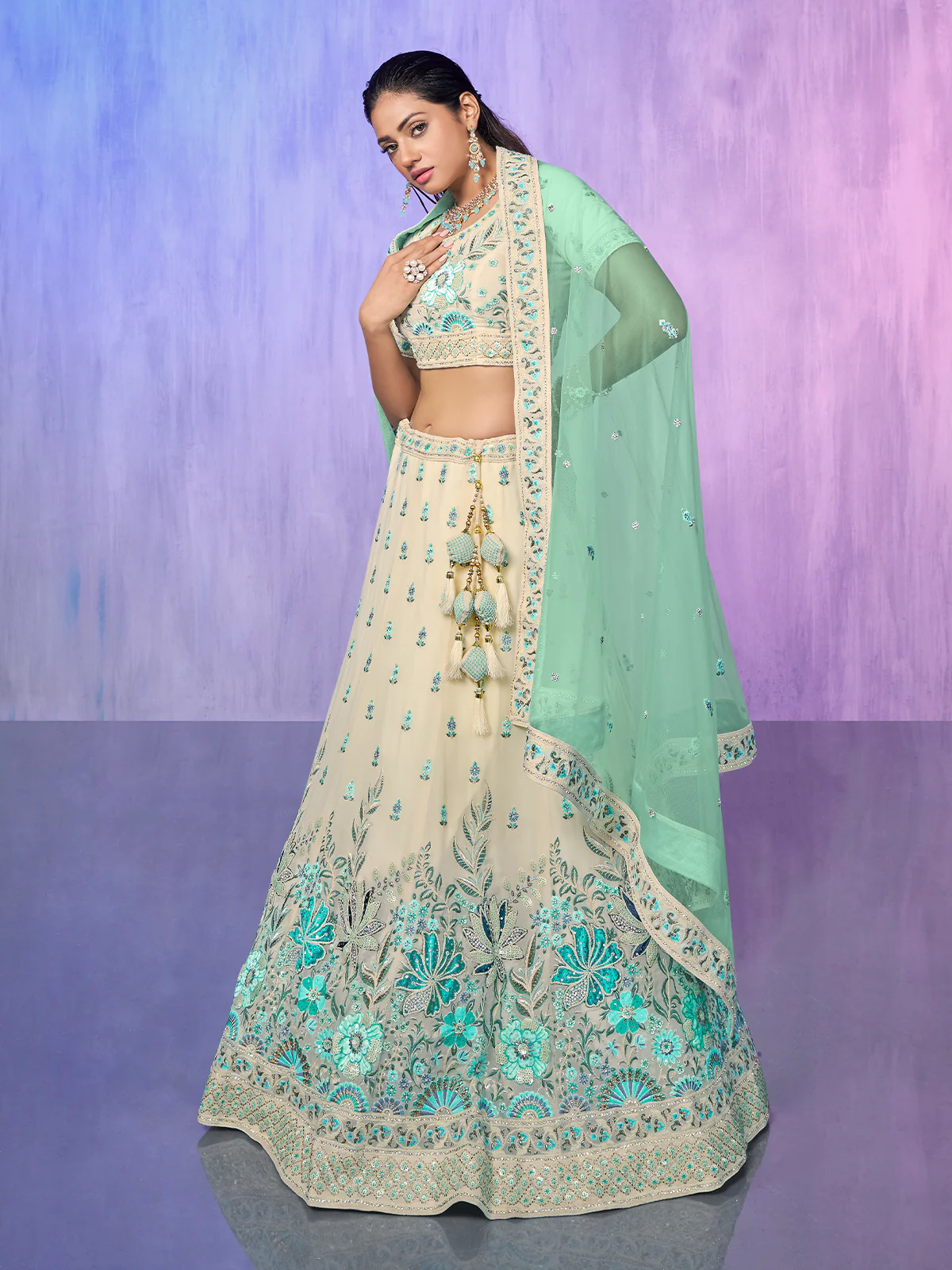 Odette Off White Embroidered georgette Semi Stitched Lehenga With Unstitched Blouse  For Women - Image 3
