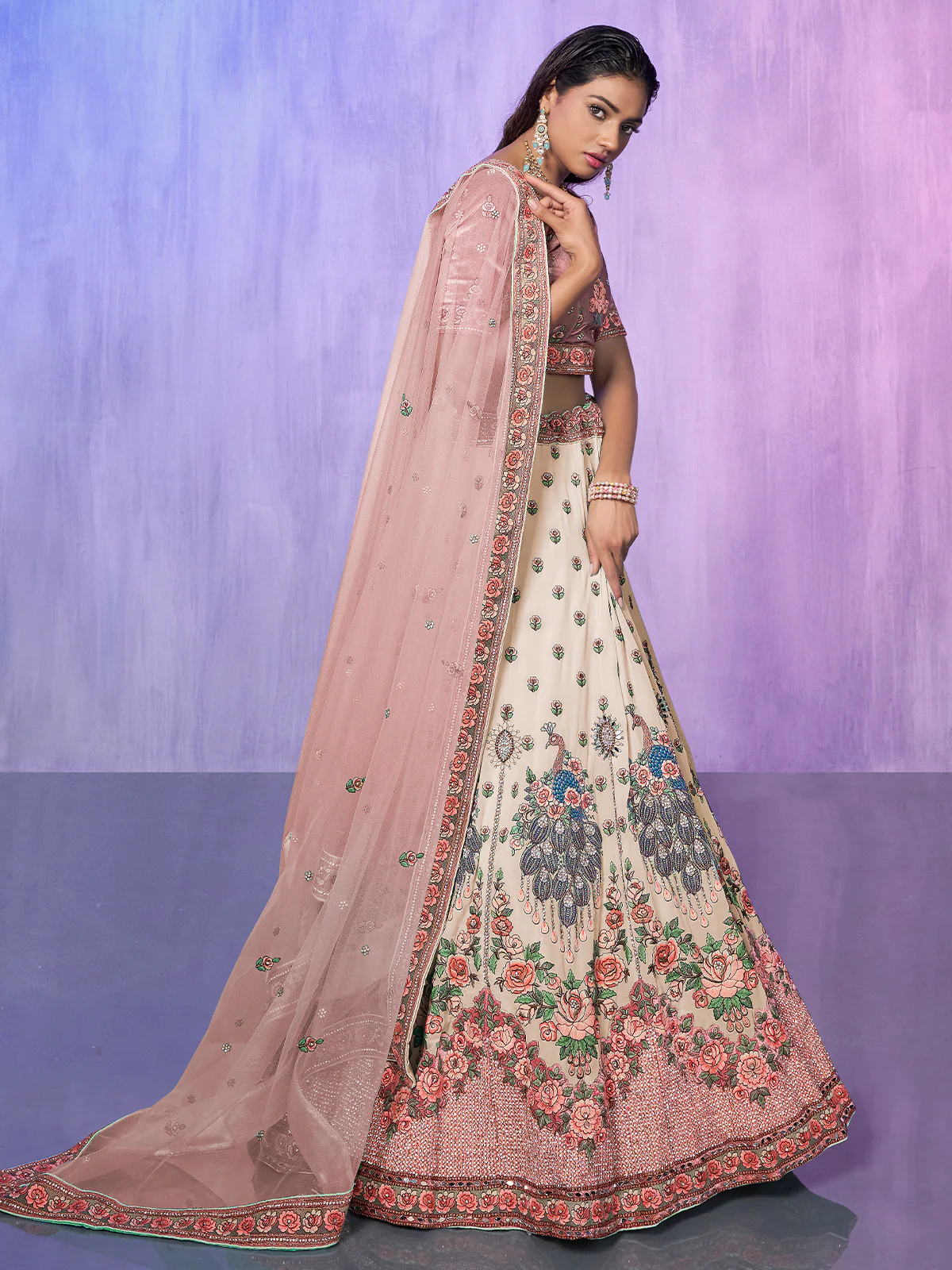 Odette Off white Embroidered Georgette Semi Stitched Lehenga With Unstitched Blouse  For Women - Image 3
