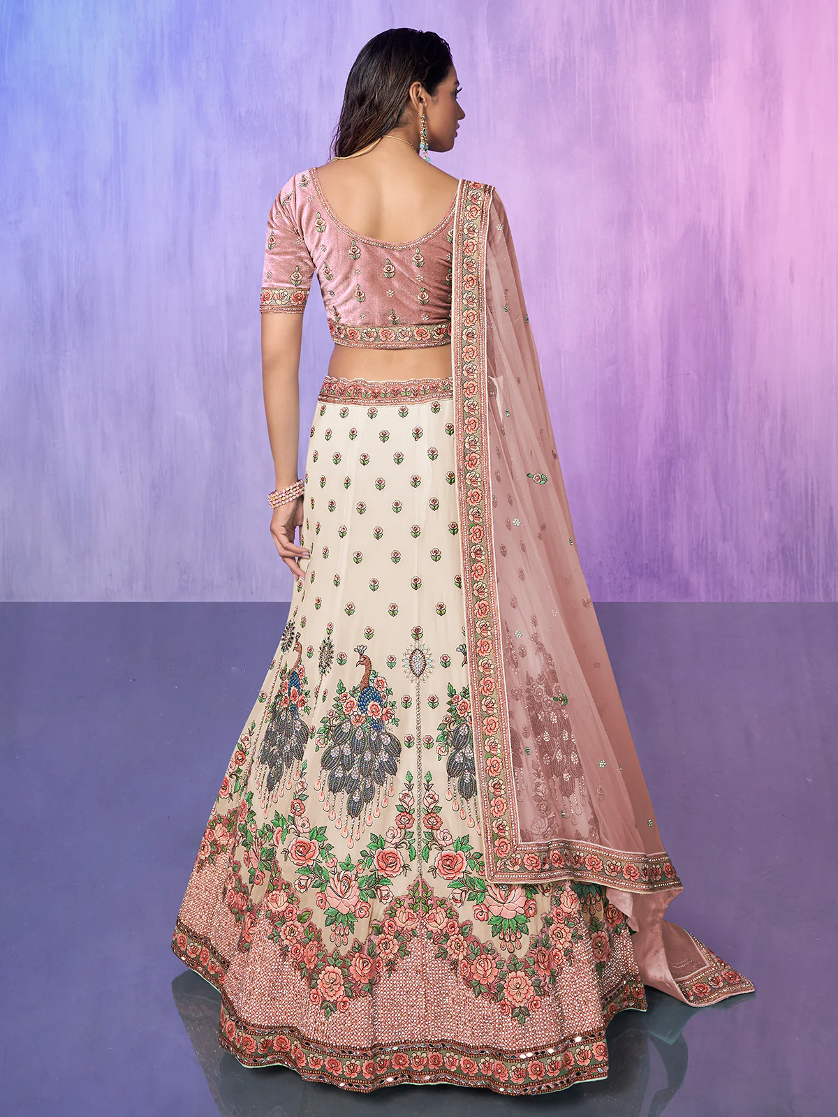 Odette Off white Embroidered Georgette Semi Stitched Lehenga With Unstitched Blouse  For Women - Image 4