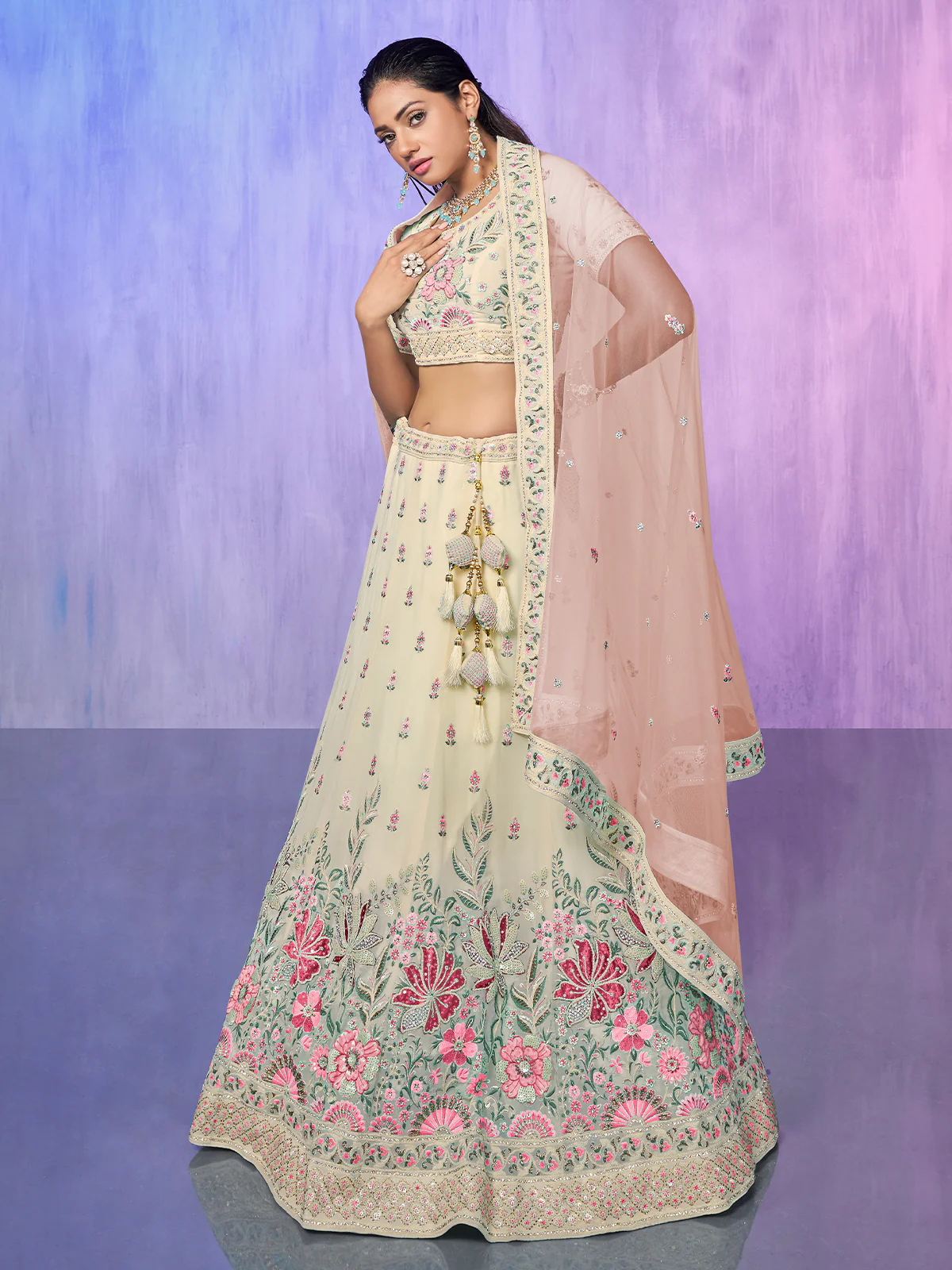 Odette Off White Embroidered Georgette Semi Stitched Lehenga With Unstitched Blouse For Women - Image 3