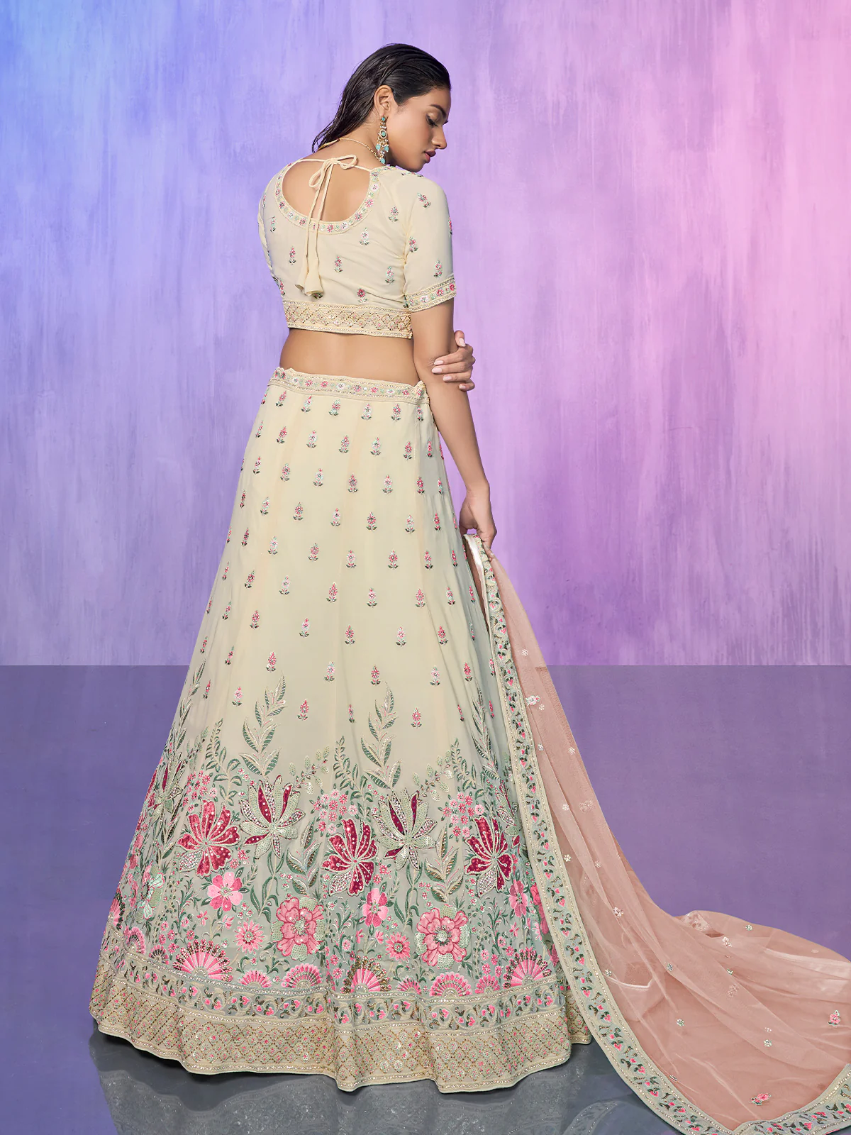 Odette Off White Embroidered Georgette Semi Stitched Lehenga With Unstitched Blouse For Women - Image 4