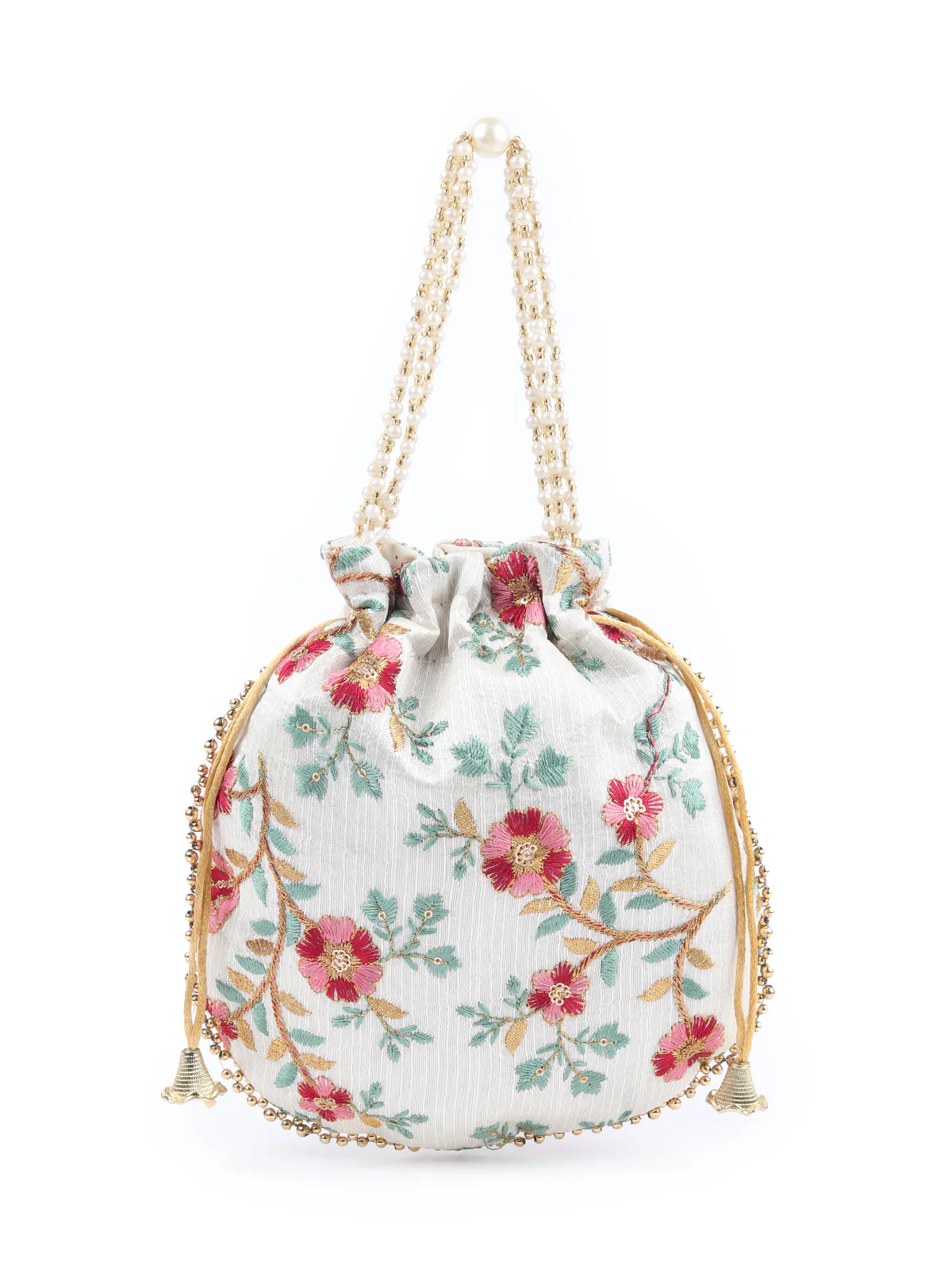 Odette Off White Embroidered Potli Bag with Tassels For Women - Image 3