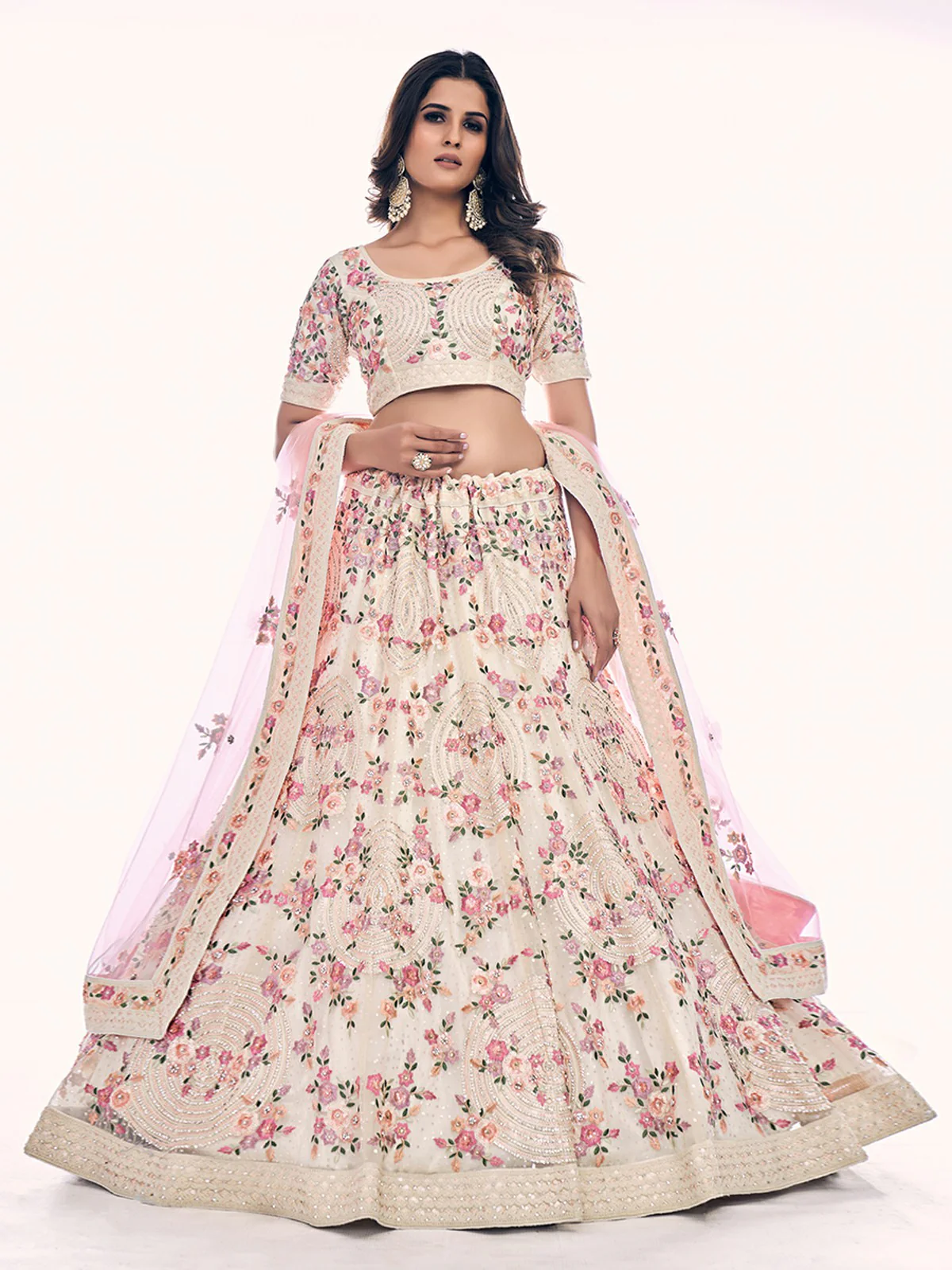 Odette Off White Embroidered Soft Net Semi Stitched Lehenga With Blouse For Women - Image 2