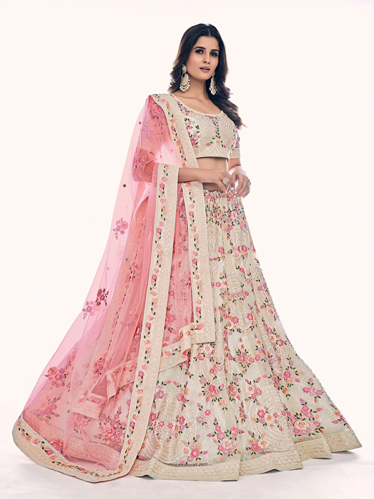 Odette Off White Embroidered Soft Net Semi Stitched Lehenga With Blouse For Women - Image 3
