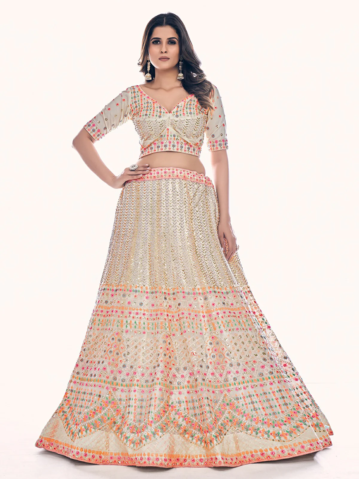 Odette Off White Embroidered Soft Net Semi Stitched Lehenga With Blouse For Women - Image 4