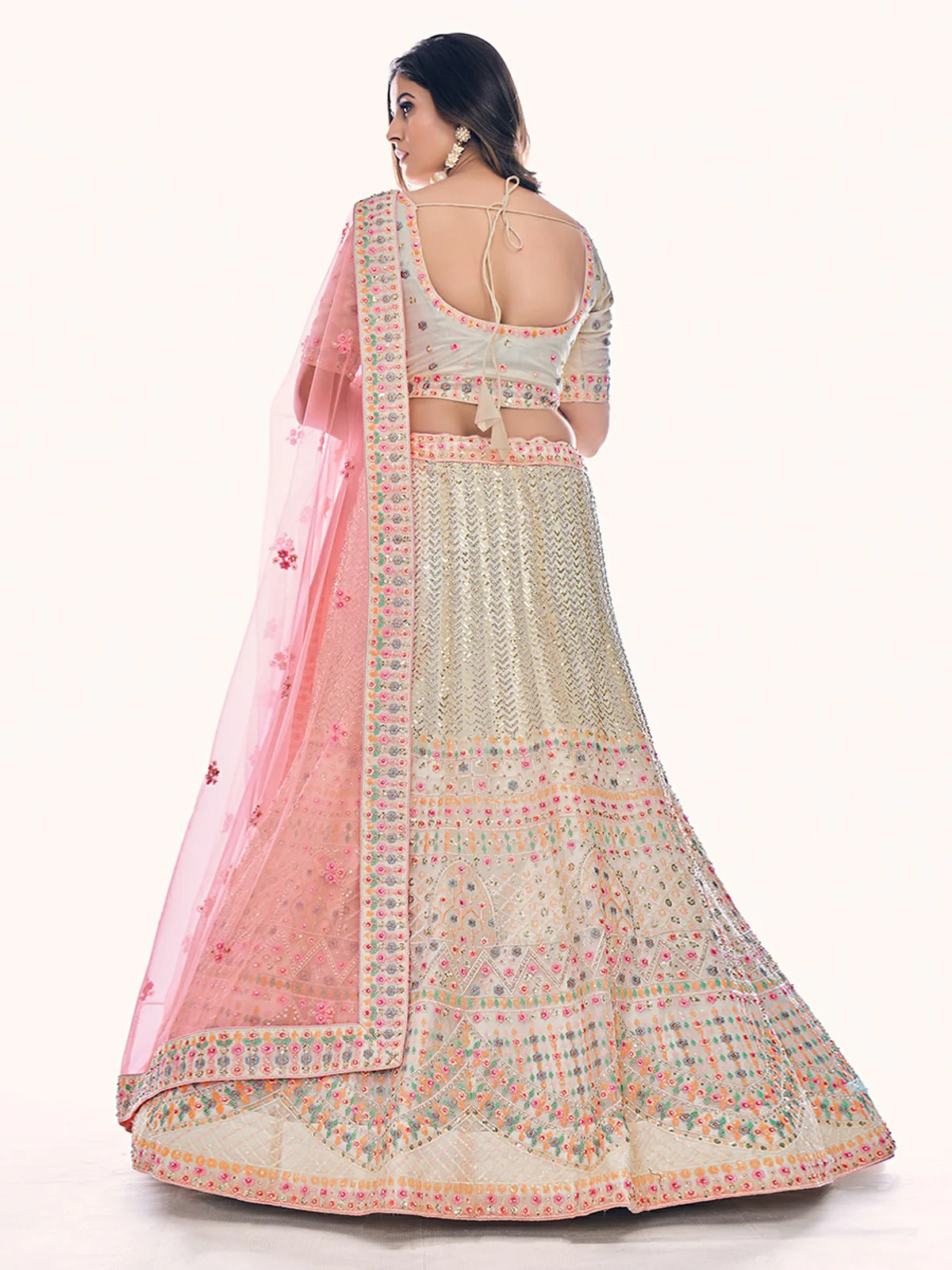Odette Off White Embroidered Soft Net Semi Stitched Lehenga With Blouse For Women - Image 5