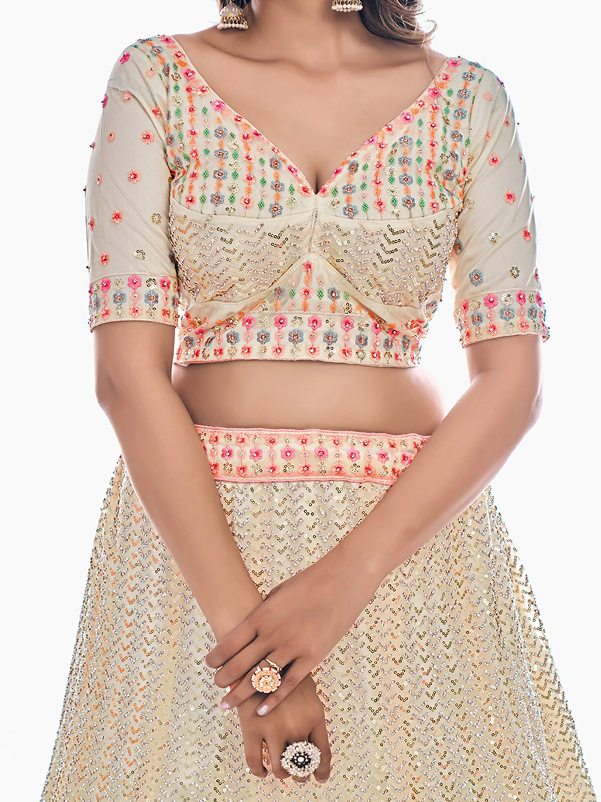 Odette Off White Embroidered Soft Net Semi Stitched Lehenga With Blouse For Women - Image 6