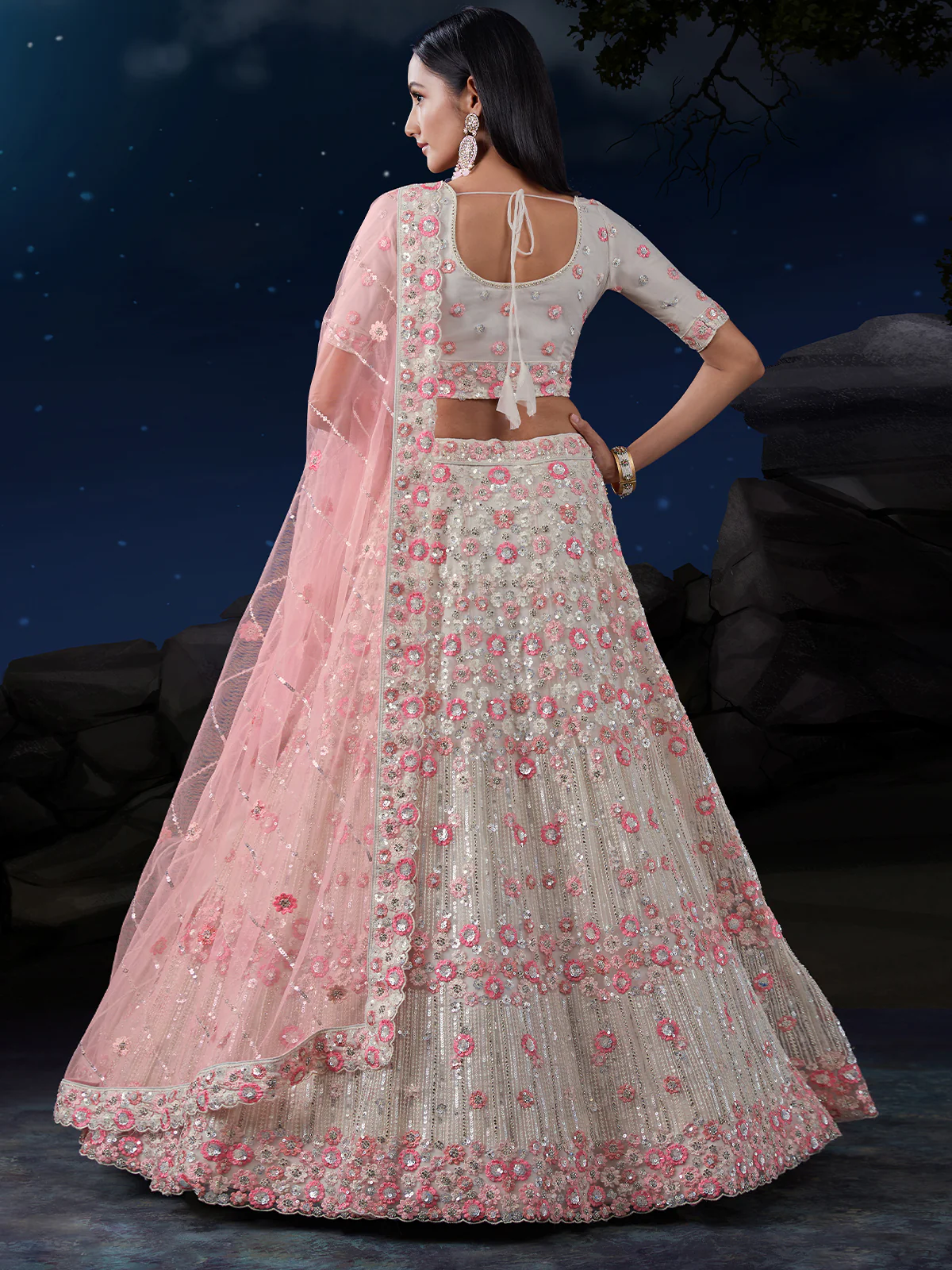 Odette Off White Embroidered Soft Net Semi Stitched Lehenga With Blouse For Women - Image 4