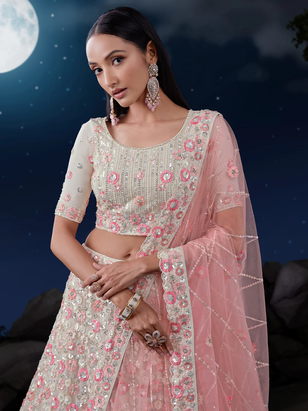 Odette Off White Embroidered Soft Net Semi Stitched Lehenga With Blouse For Women - Image 5
