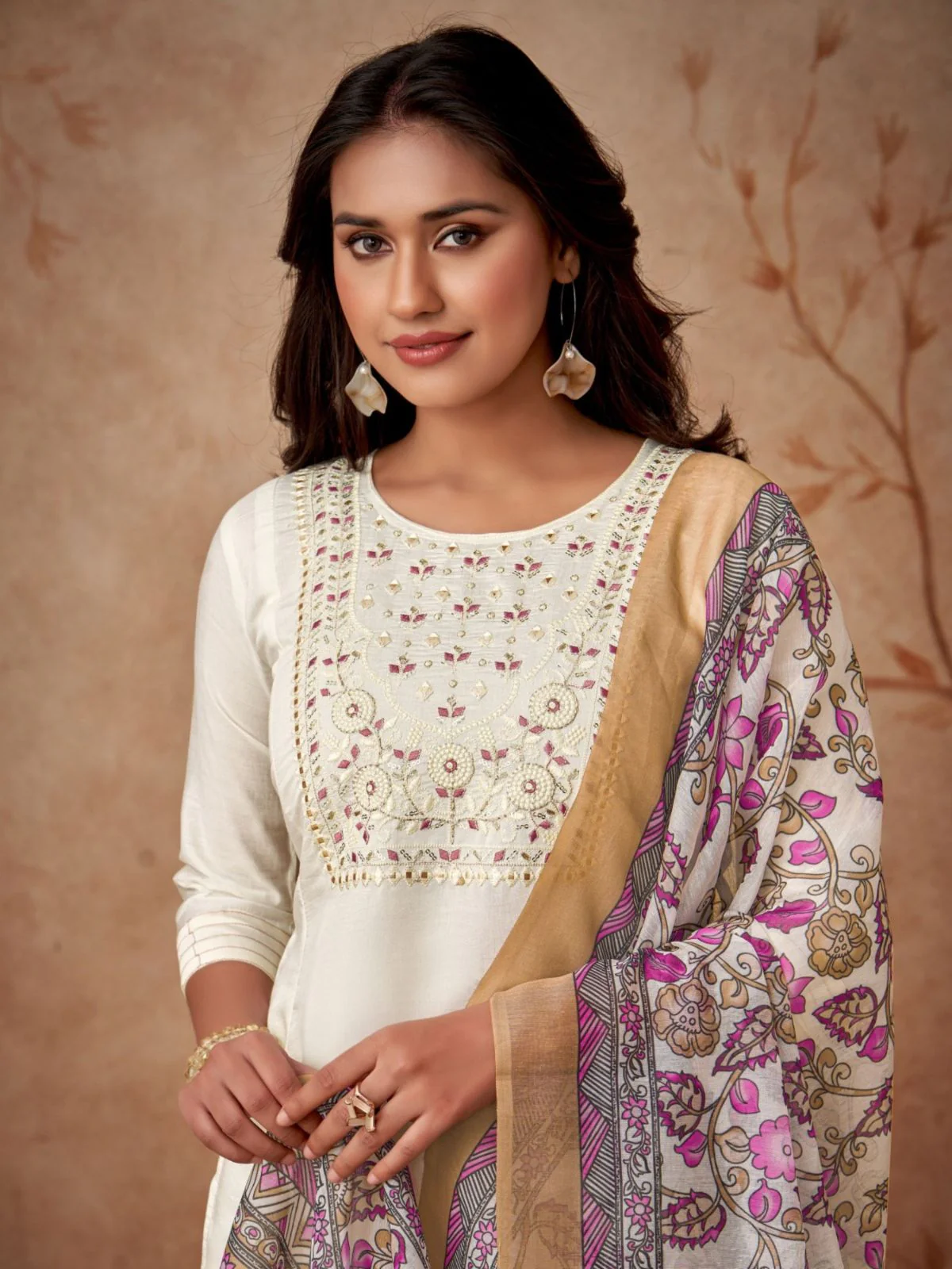 Odette Off White Embroidered Viscose Silk Stitched Kurta Salwar Set For Women - Image 3