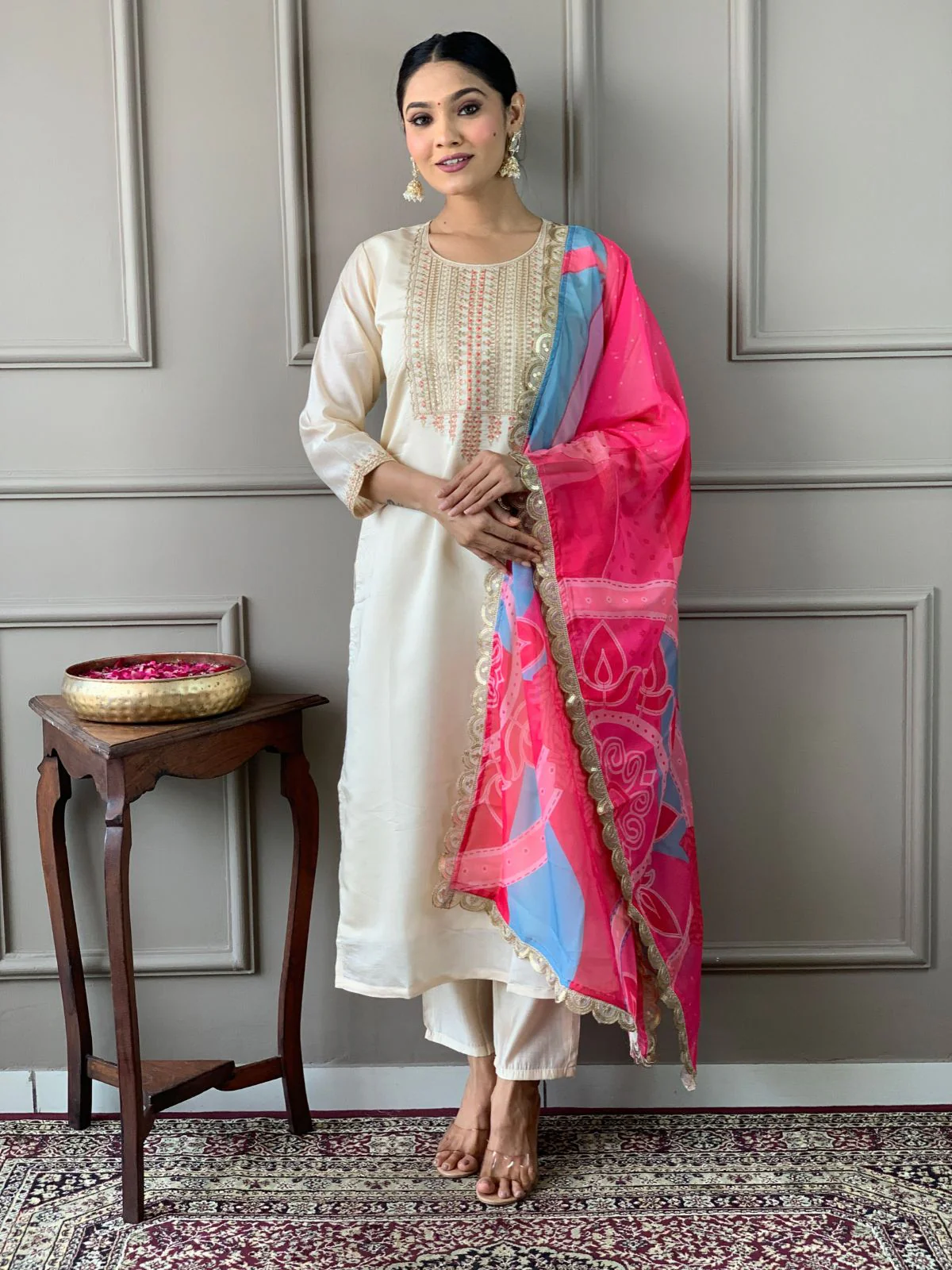 Odette Off White Embroidered Viscose Silk Stitched Kurta Salwar Set For Women - Image 2