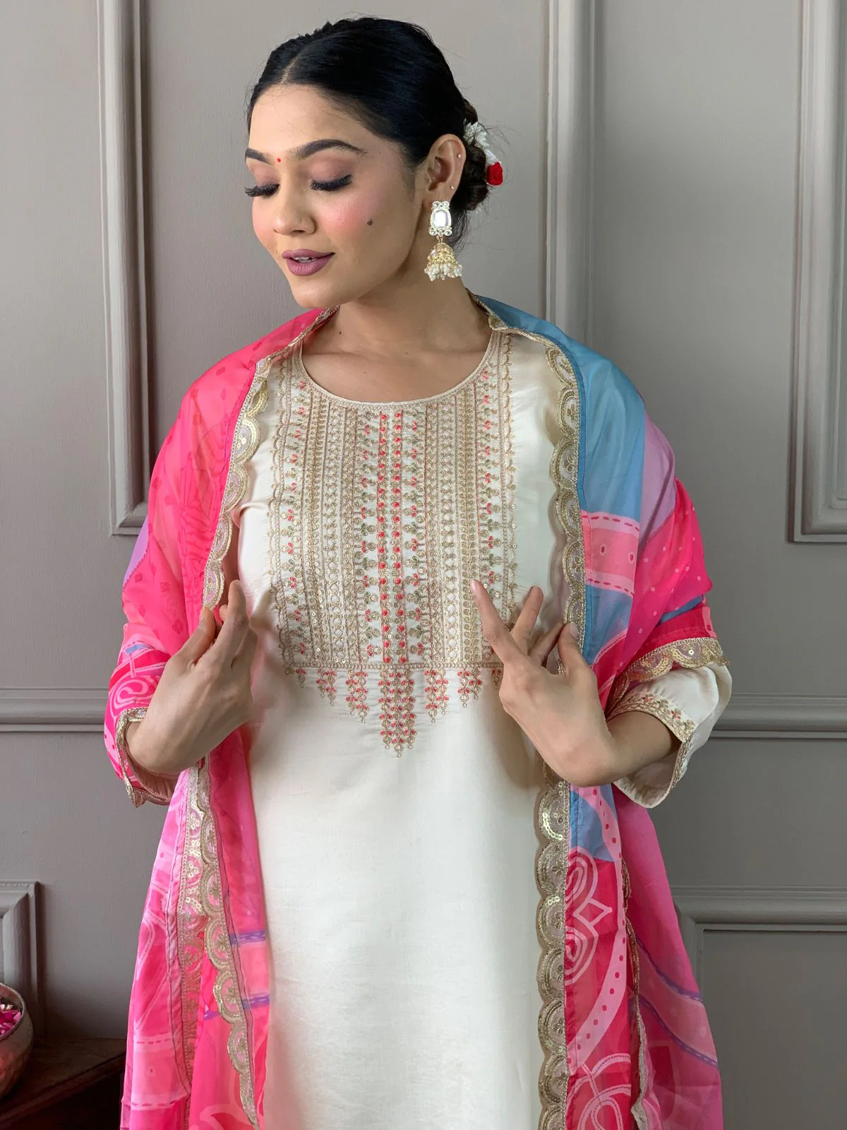 Odette Off White Embroidered Viscose Silk Stitched Kurta Salwar Set For Women - Image 3