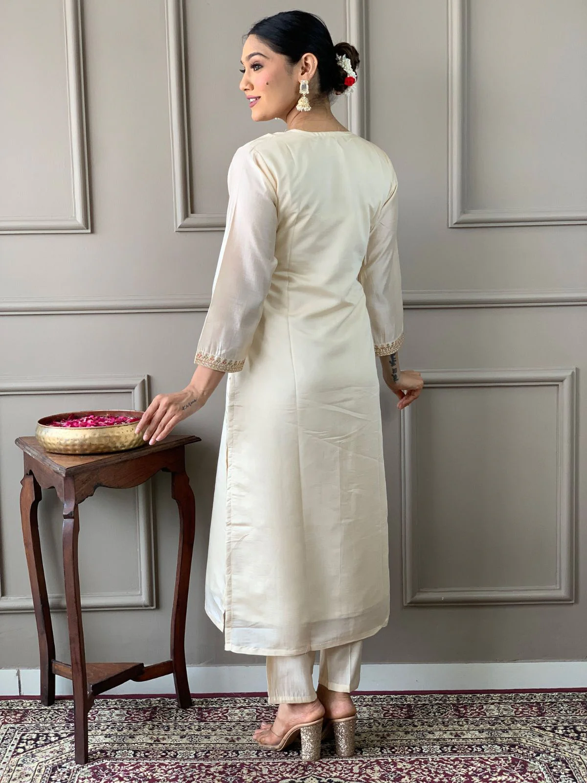 Odette Off White Embroidered Viscose Silk Stitched Kurta Salwar Set For Women - Image 4