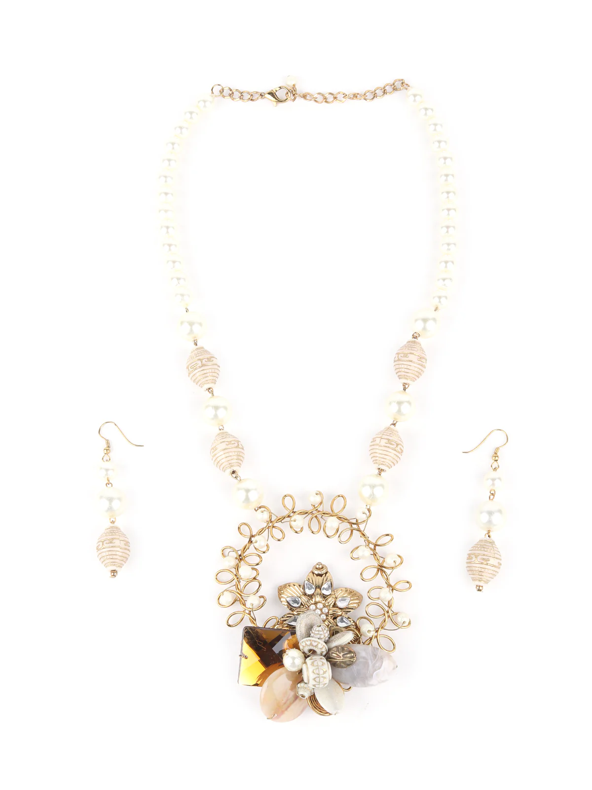Odette Off White Faux Pearls Embellished Long Neck Piece For Women - Image 4