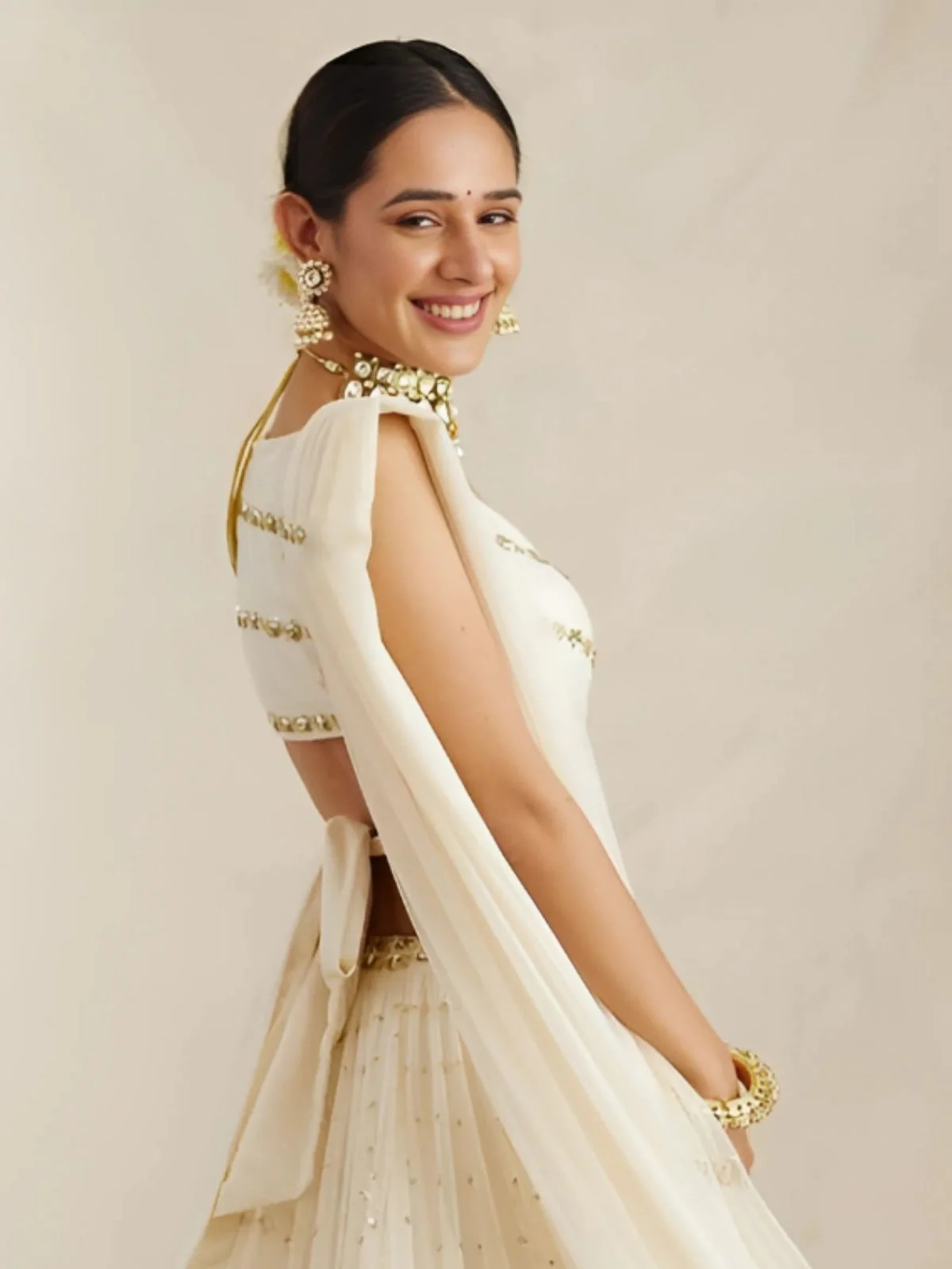 Odette Off White Georgette Embellished Semi-Stitched lehenga For Women - Image 4