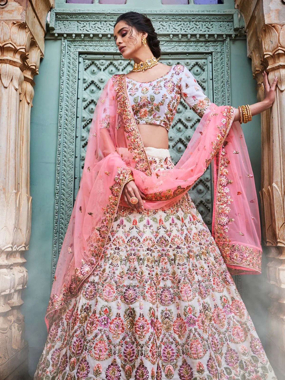 Odette Off White Georgette Embroidered Semi-Stitched Lehenga With Unstitched Blouse For Women - Image 2