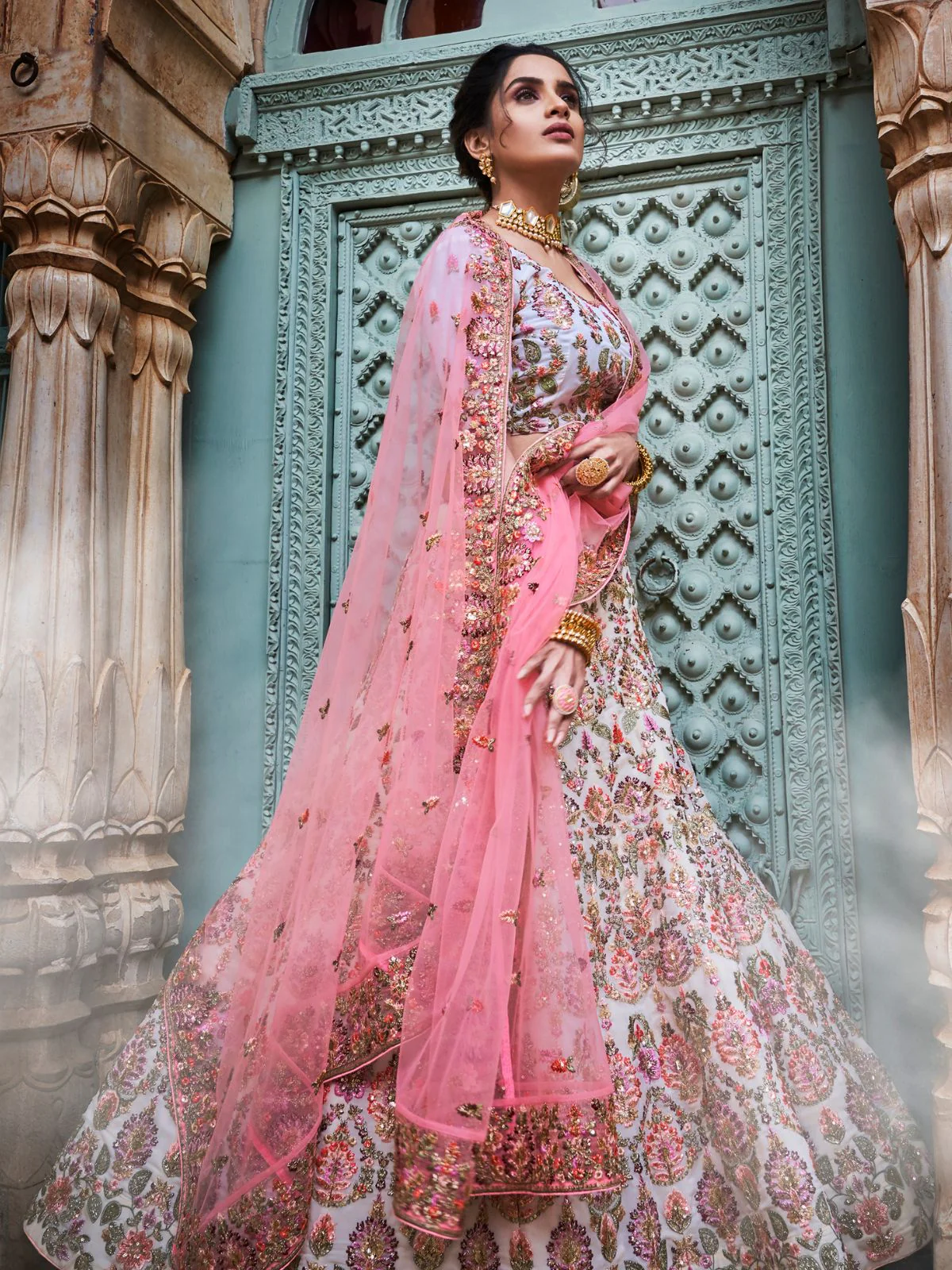 Odette Off White Georgette Embroidered Semi-Stitched Lehenga With Unstitched Blouse For Women - Image 3