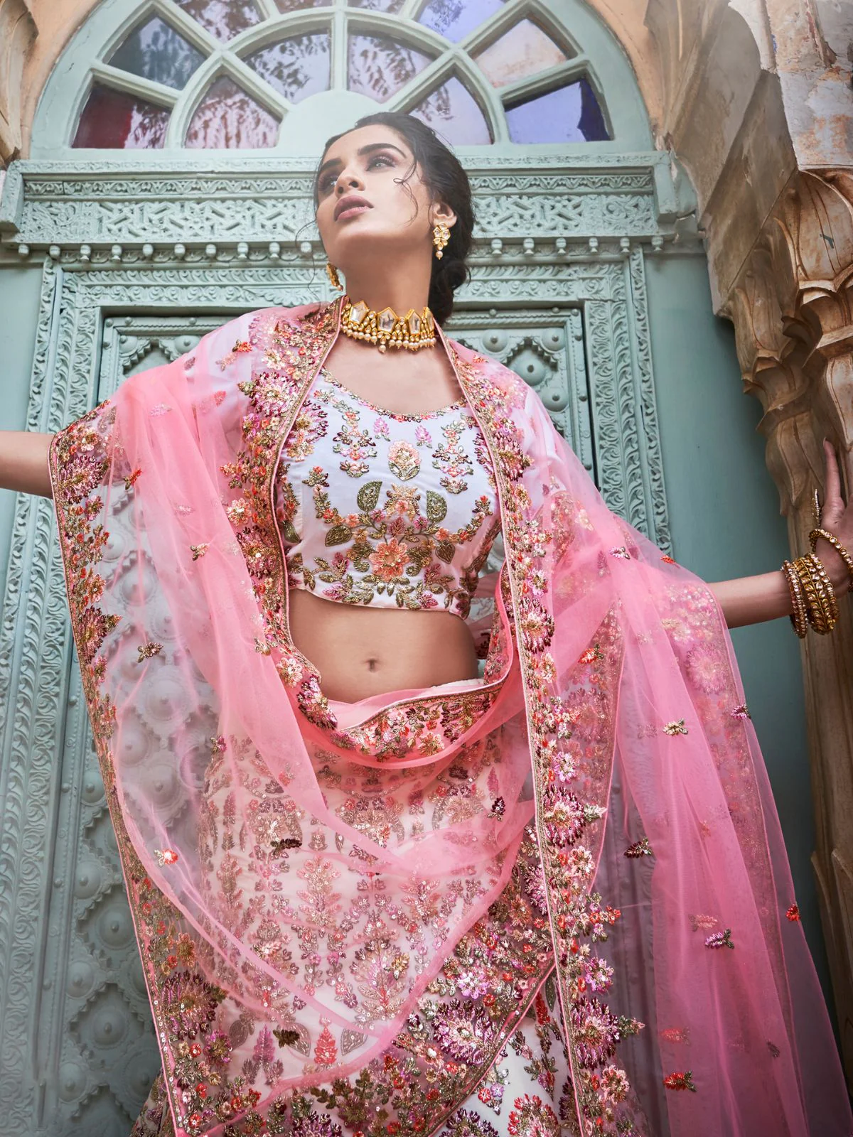 Odette Off White Georgette Embroidered Semi-Stitched Lehenga With Unstitched Blouse For Women - Image 4