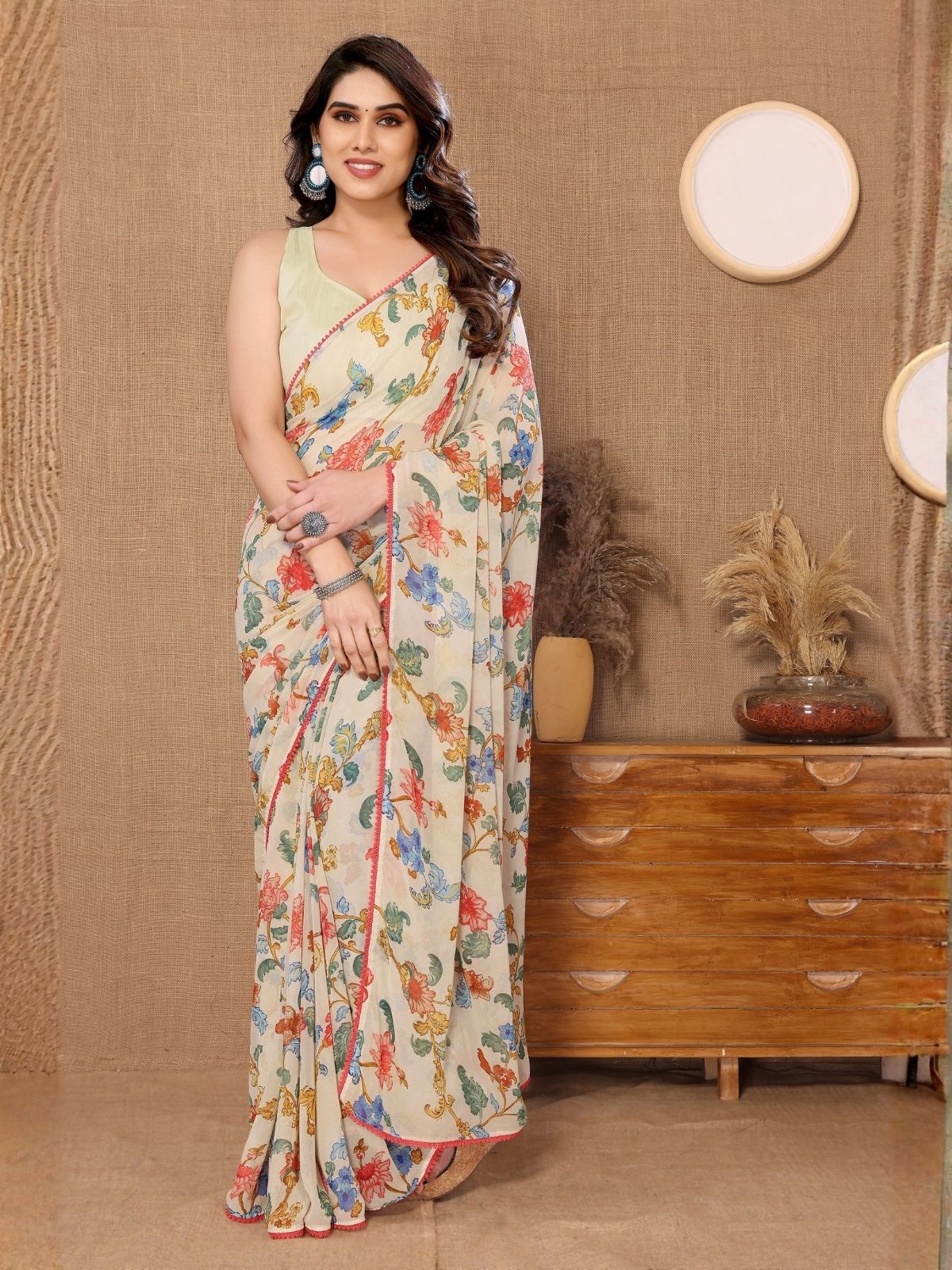 Odette Off White Georgette Floral Print Saree For Women