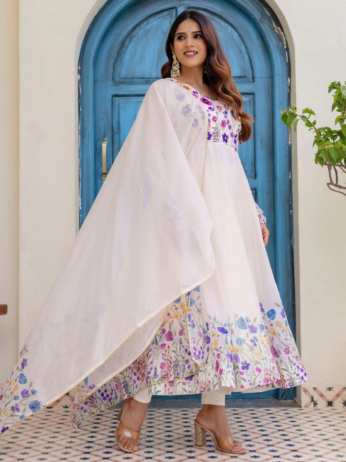 Odette Off White Georgette Solid Stitched Anarkali Kurta Set For Women - Image 2