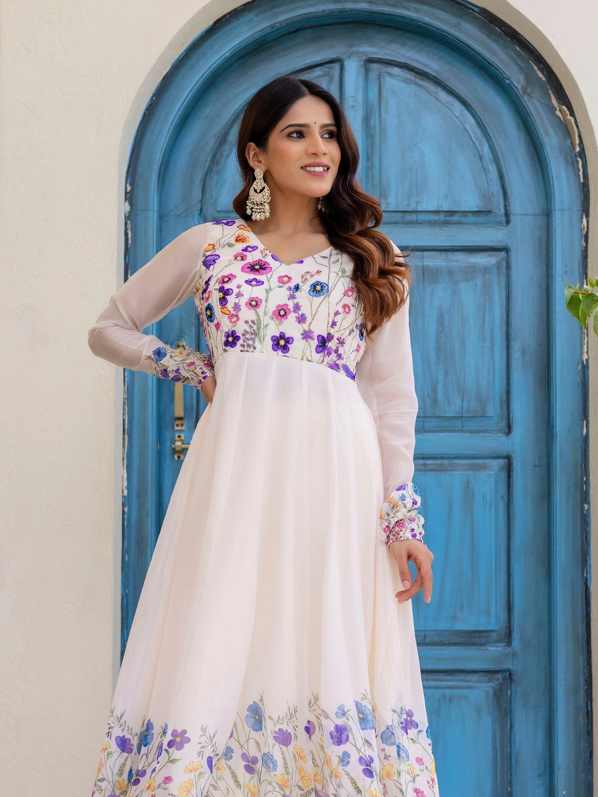 Odette Off White Georgette Solid Stitched Anarkali Kurta Set For Women - Image 5