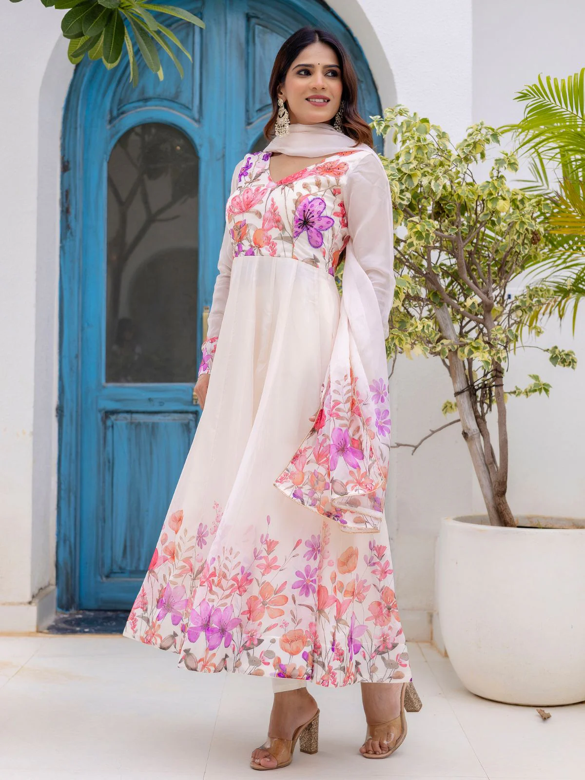Odette Off White Georgette Solid Stitched Anarkali Kurta Set For Women - Image 2