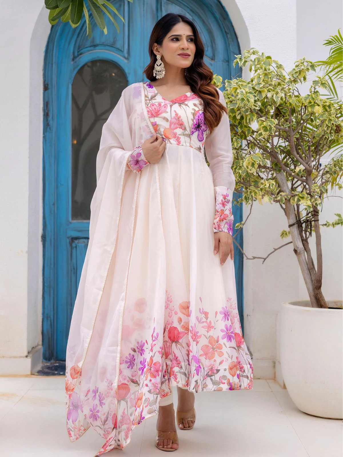 Odette Off White Georgette Solid Stitched Anarkali Kurta Set For Women - Image 3