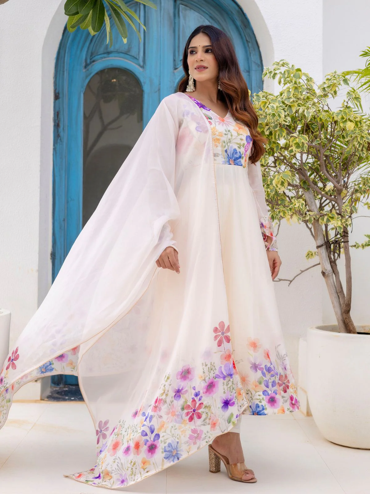 Odette Off White Georgette Solid Stitched Anarkali Kurta Set For Women - Image 2