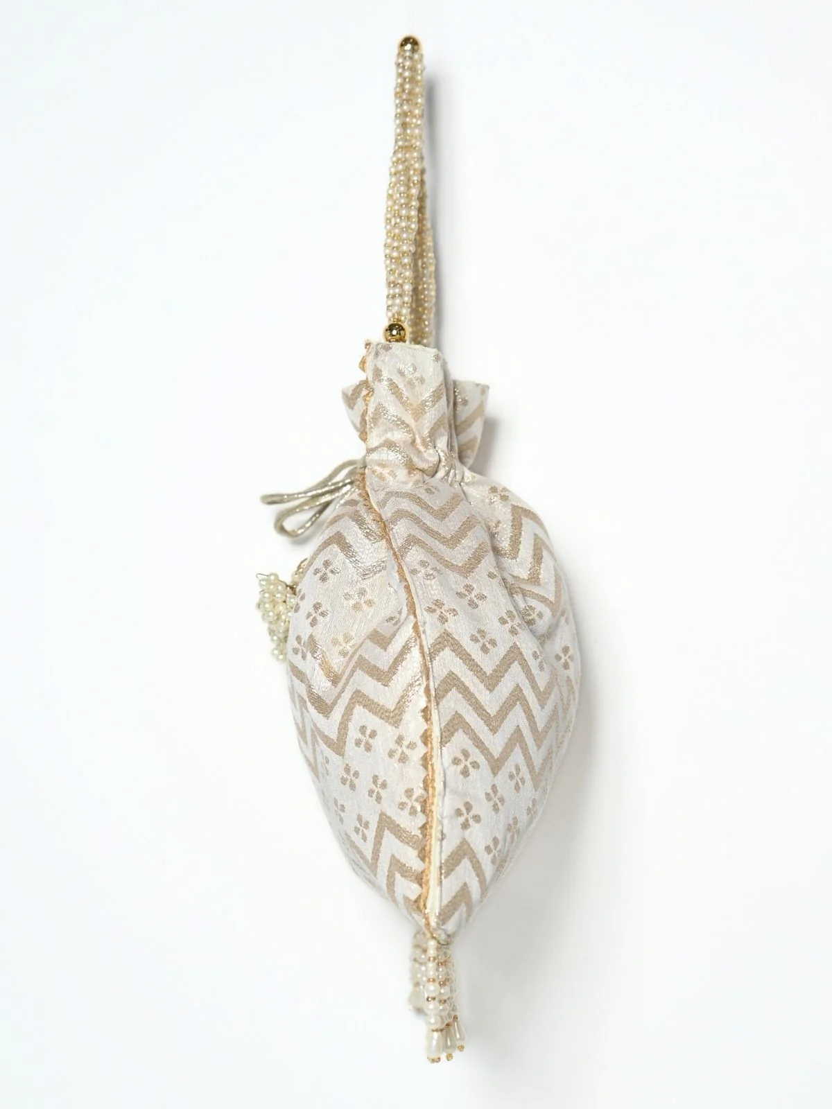 Odette Off White & Golden Silk Blend Woven Potli For Women - Image 4