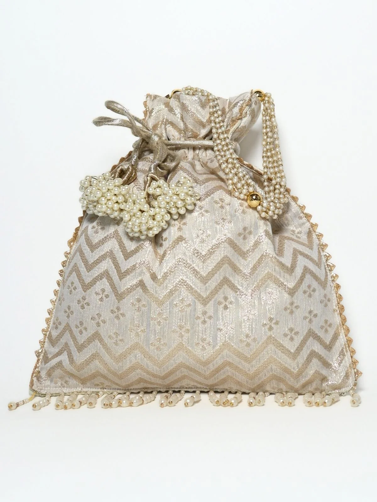 Odette Off White & Golden Silk Blend Woven Potli For Women - Image 6