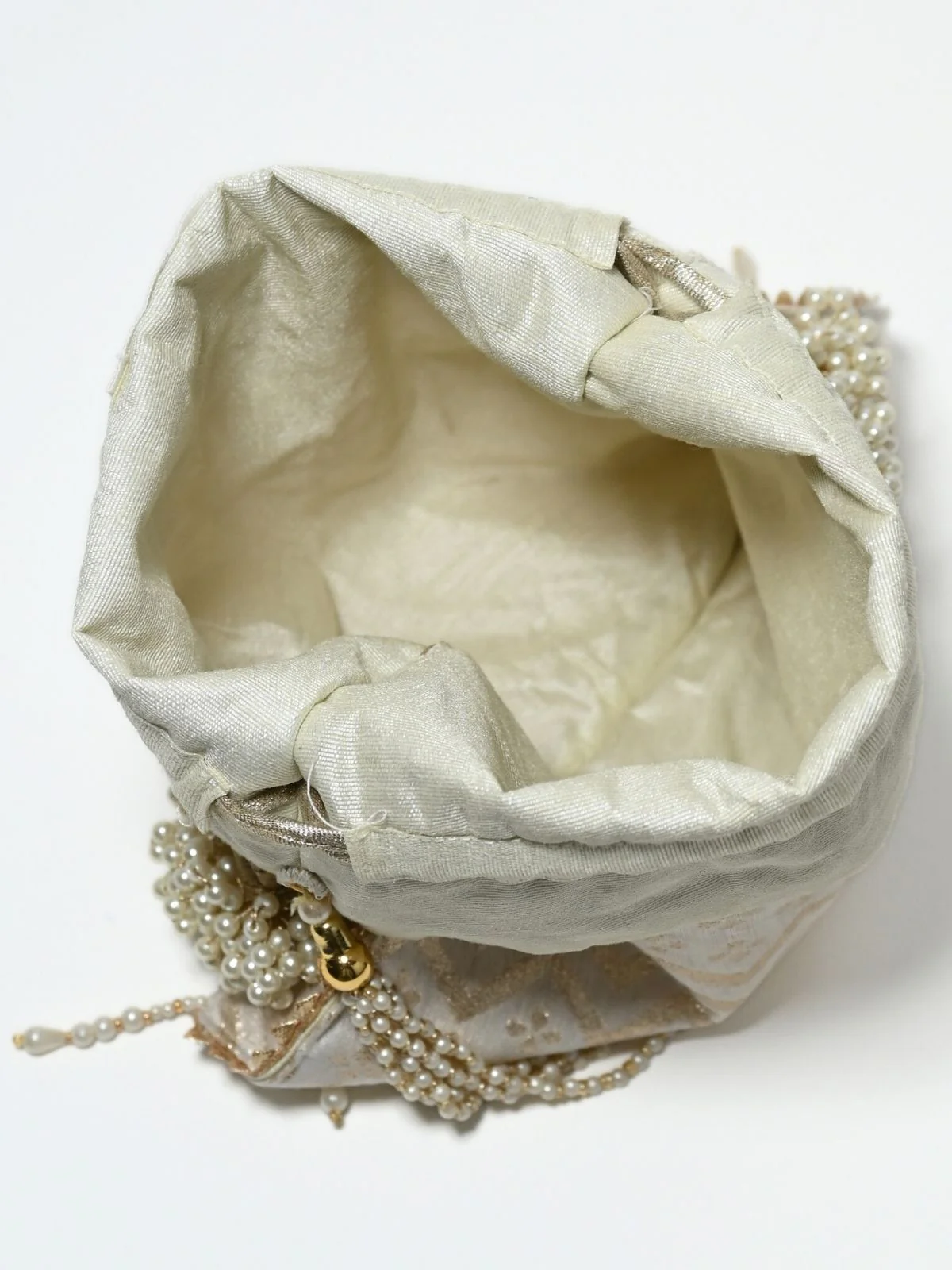 Odette Off White & Golden Silk Blend Woven Potli For Women - Image 7