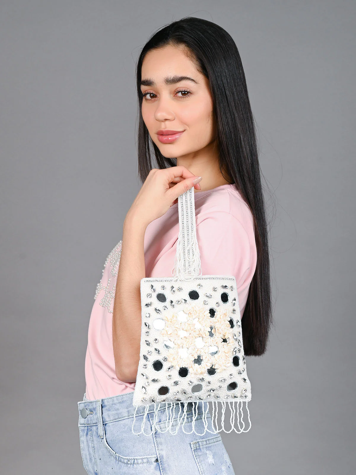 Odette Off White Jute Embellished Potli For Women - Image 2