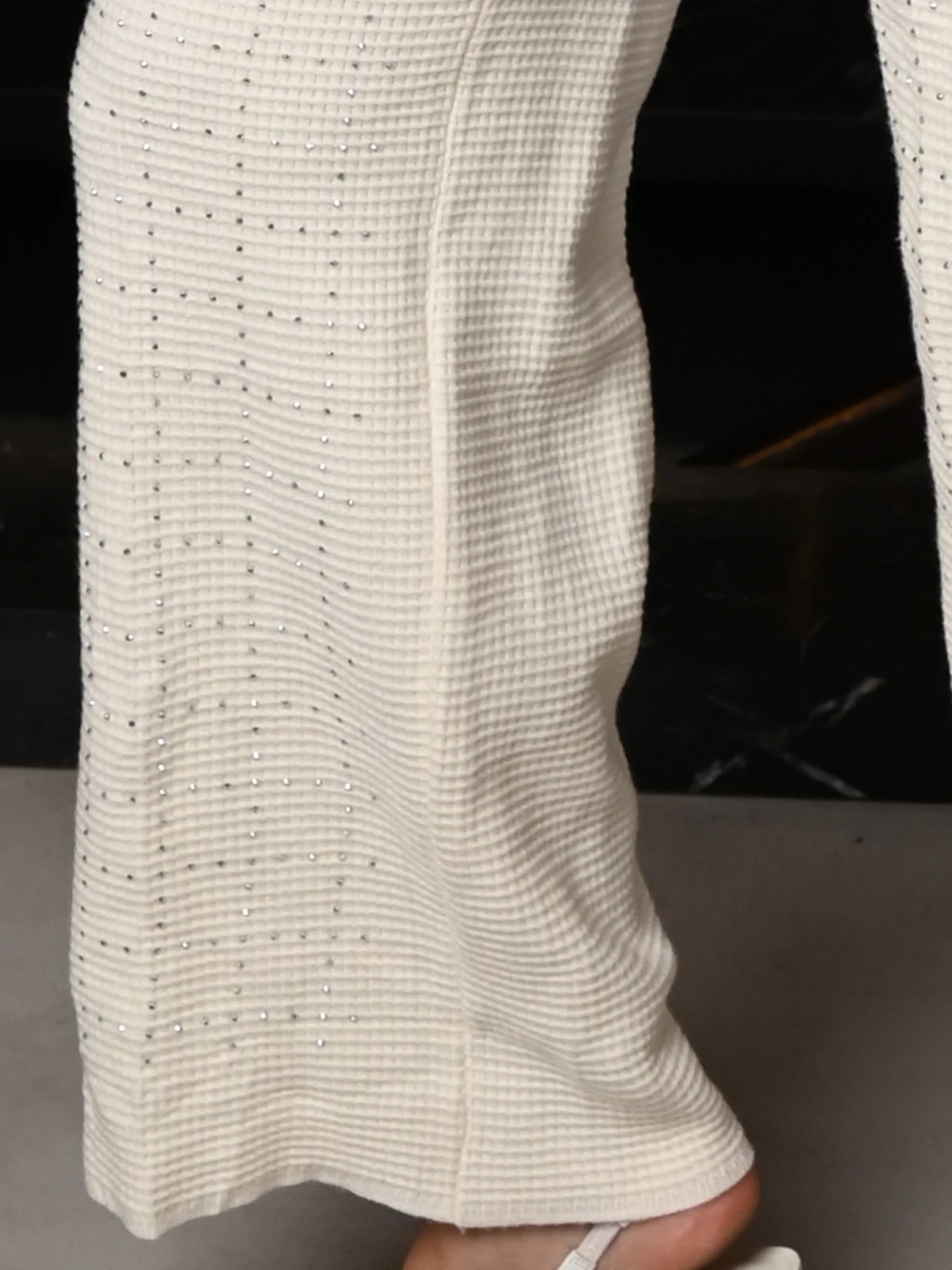 Odette Off White Knit Studded Embellished Pant For Women - Image 5