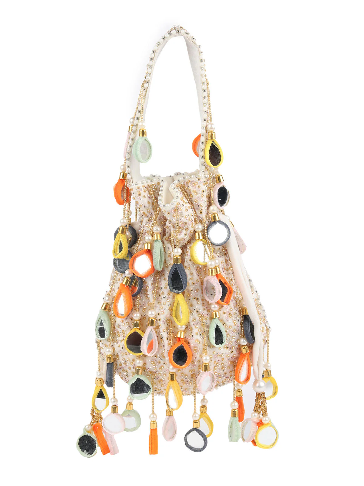 Odette Off White Mirror Tasseled Clutch For Women - Image 5