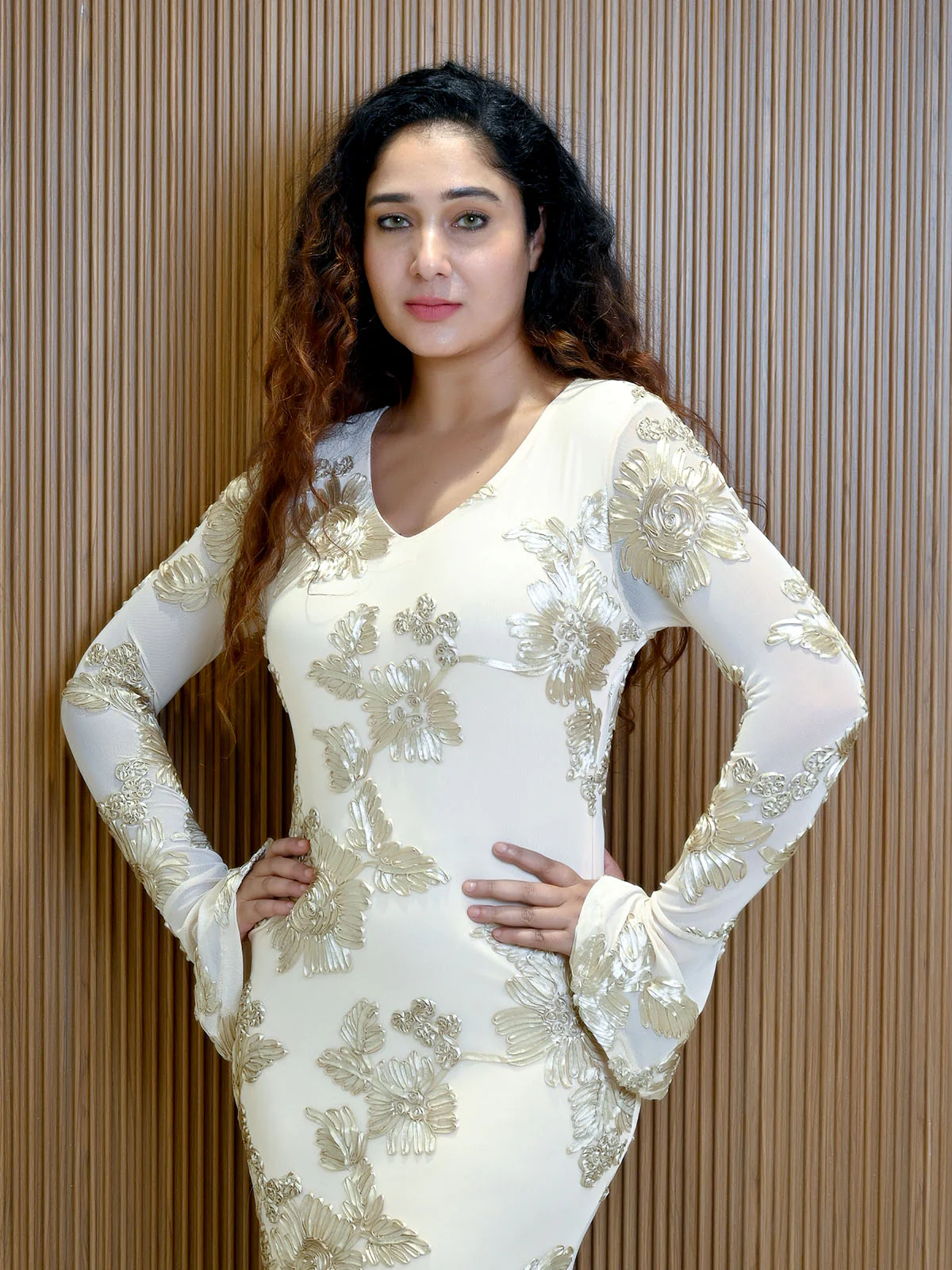 Odette Off White Net and Satin Solid Dress For Women - Image 4