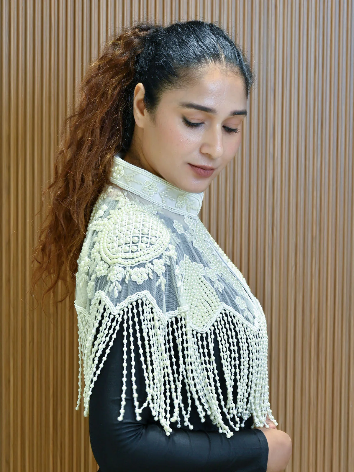 Odette Off White Net Embellished Cape For Women - Image 2